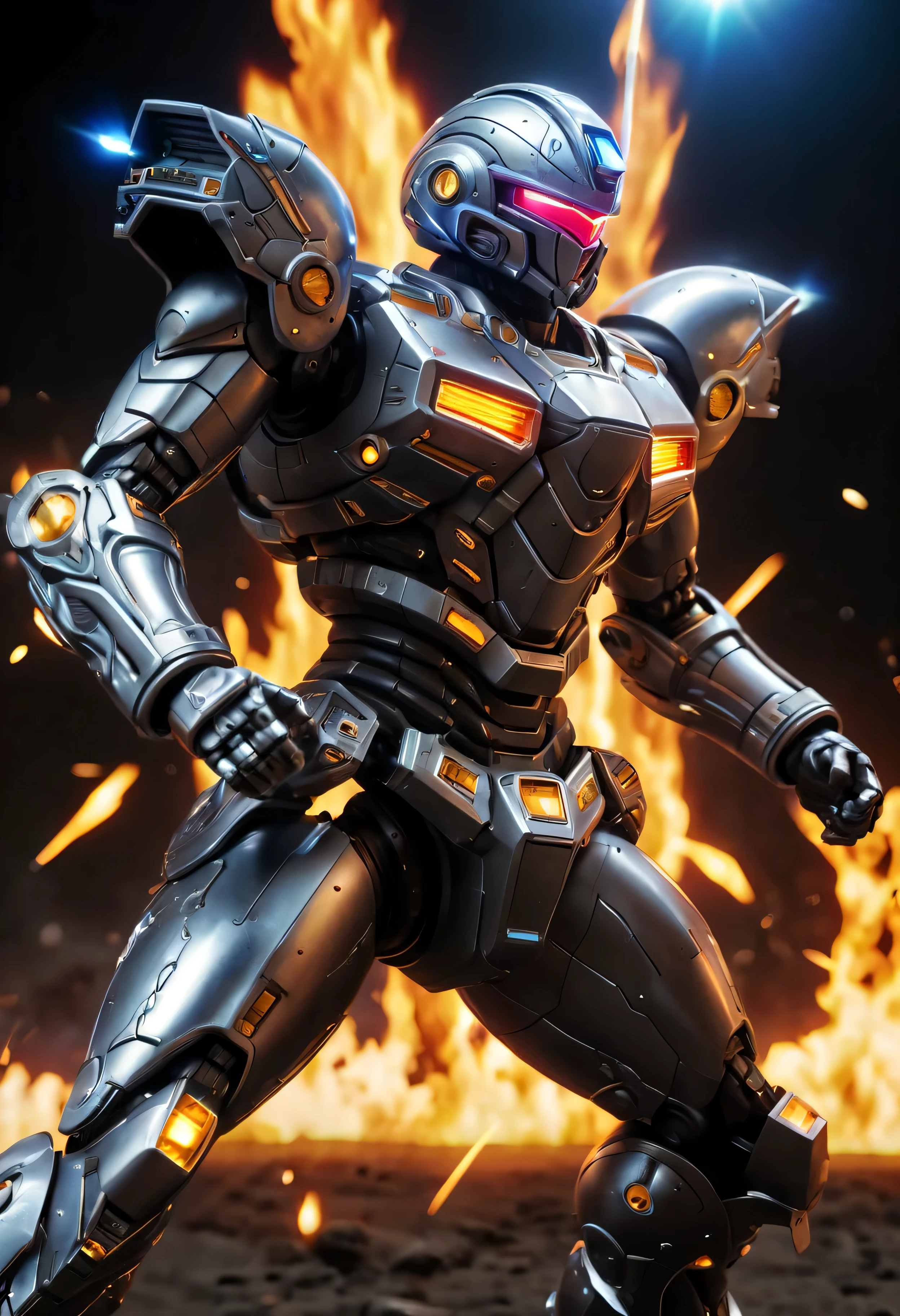 (best quality,highres,realistic:1.37),ultra-detailed,mecha warrior,space sheriff gavan,silver metallic armor,neon light eyes,futuristic weapon,action-packed scene,explosive energy,sci-fi background,laser beams,cosmic space,high-tech gadgets,mechanical joints,advanced technology,glowing power source,aggressive stance,vibrant colors,sharp focus,dynamic pose,reflective surfaces,intergalactic battle,dystopian setting,heroic aura,epic battle scene,otherworldly creatures,extraterrestrial landscapes,cybernetic enhancements,advanced weaponry,intense energy,galactic protector,majestic presence,cosmic justice,flaming trails,forcefield protection,heroic symbolism,supercharged abilities,iconic visor,defending the universe