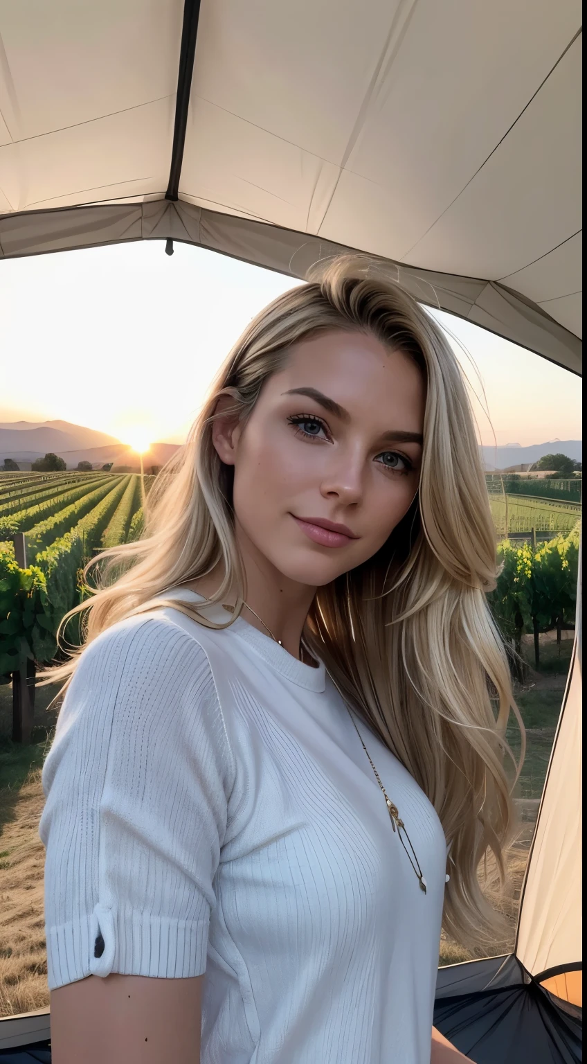 1 woman, American, beautiful, (selfie, happy), Shooting in a vineyard tent during sunset, Golden vineyard rows backlight, Tent Open Sign, Masterpiece, Best Quality, Ultra-detailed, Solo, exteriors, sprawling vineyard, rolling hills backdrop, Nature (rustic charm), cheerful, happy, Cosy in a casual yet elegant outfit, Inside the tent, When you open the tent, views of the sun-kissed vines, possibly wine tasting in progress, tranquil countryside, shadowy contrasts, serene atmosphere, analog style, looking up at viewer, skin texture, film grain, warm hue, warm tone, close-up, Cinematic light, Sidelighting, ultra-Highres, best shadows, dressed in a chic pullover, Relaxed and intimate photos, with long blond hair.