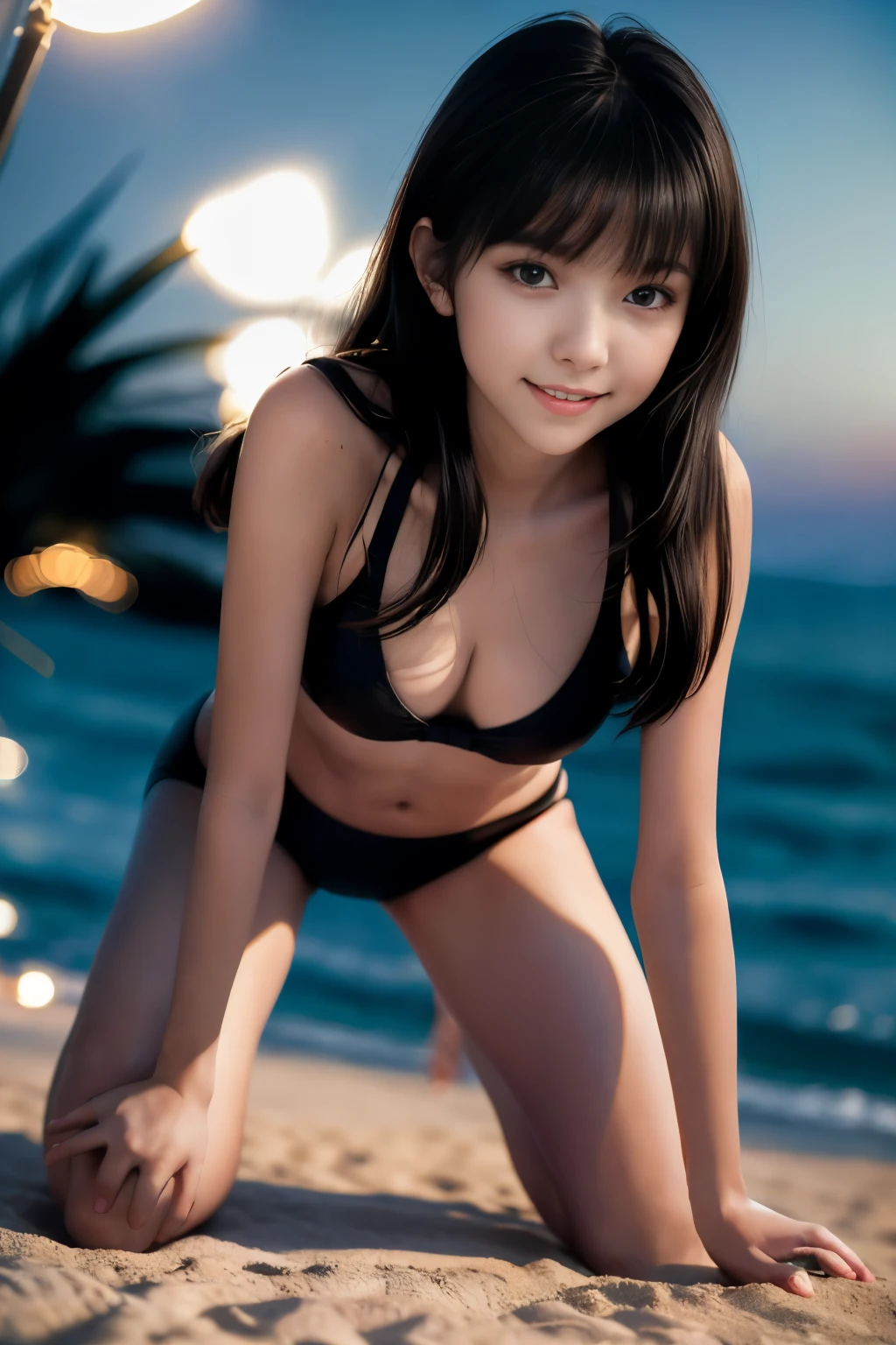 masterpiece, best quality, hyperrealistic, cinematic photo, woman,pale skin, japanese amazing slim body, black bikini, bare foot, wavy black hair, large legs, wide hips, perfect hands, beautiful face, perfect face, pretty japanese, youthful, smile, (blured background), modern style, from below, (low-angle shoot), low_angle_human, kneeling, (view viewer), looking at viewer, front footage, (8k, epic composition, photorealistic, sharp focus), sophisticated background, beach at night, nightlight, night illumination, DSLR, foil grain