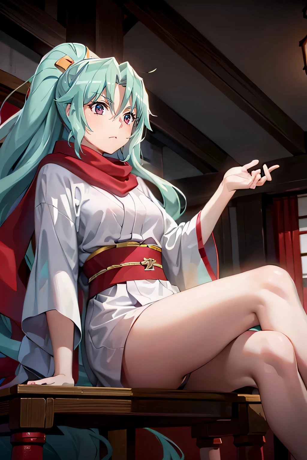 ((red eyes)),,crimson eyes,solo,tomoe aqua hair long hair ponytail japanese clothes kimono red scarf hair between eyes,clavage,sitting on the big spider,tempting gaze
