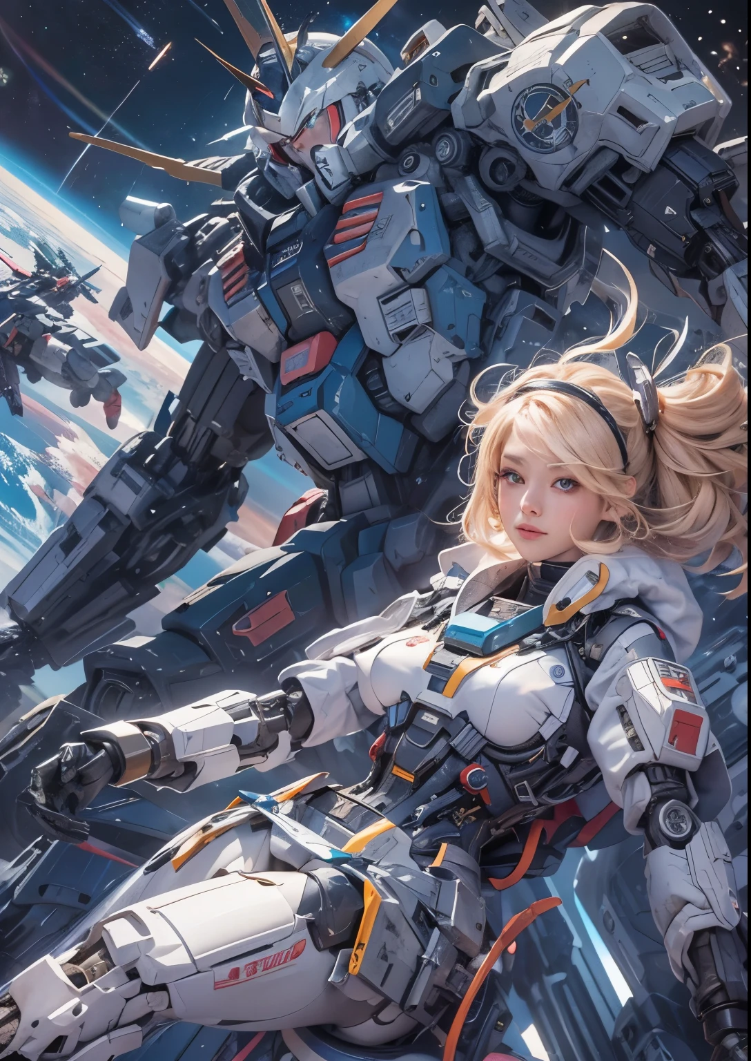gundam wing zero fighting an evil gumdan, a cute girl watching in horror, the earth in the back ground, epic realisic photo of war