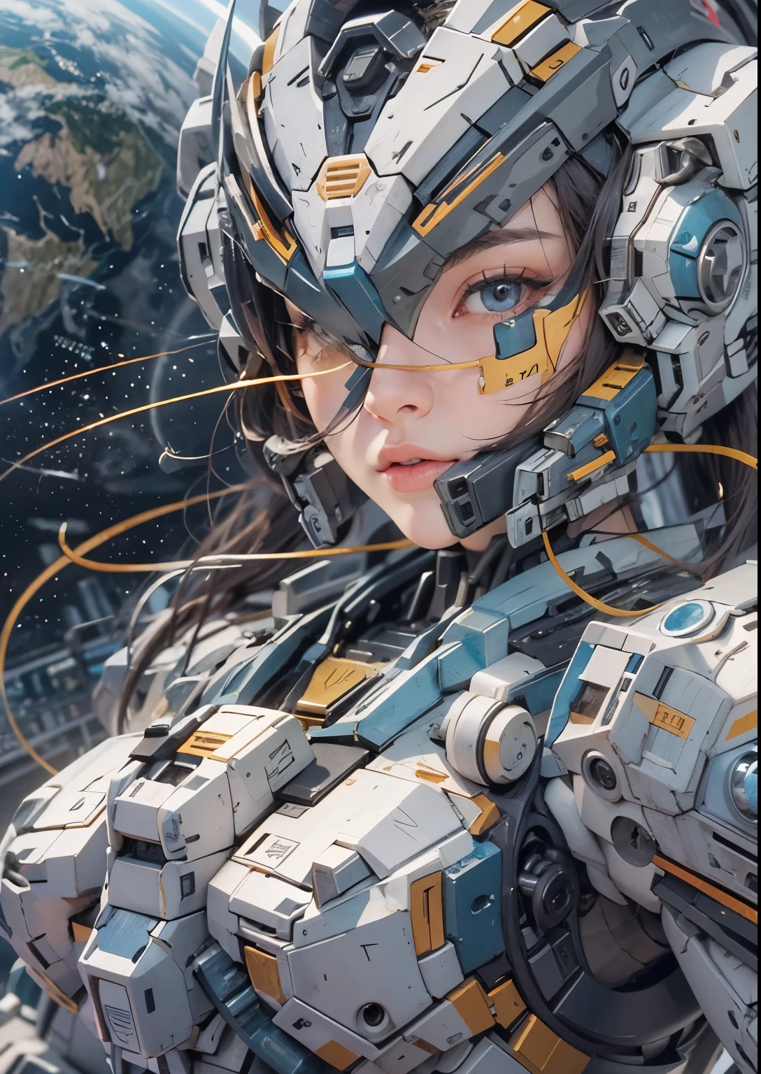 gundam wing zero fighting an evil gumdan, a cute girl watching in horror, the earth in the back ground, epic realisic photo of war