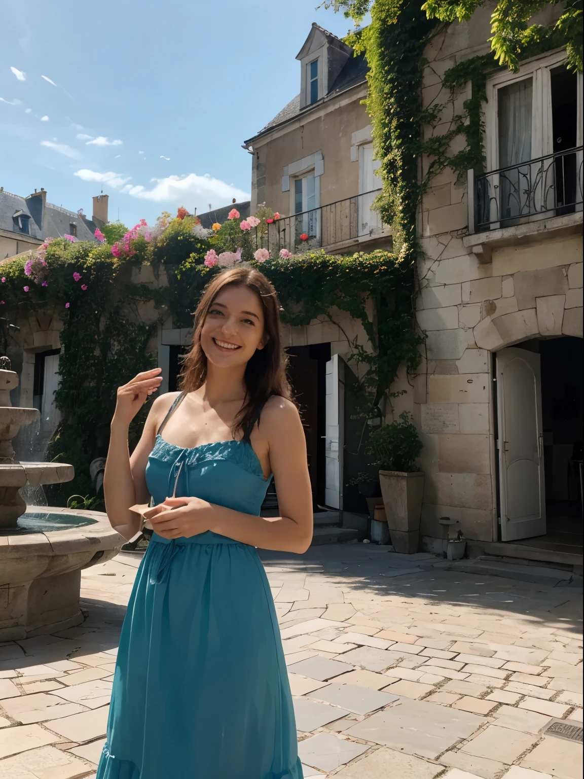 (meilleure qualité,haute résolution,ultra-détaillé:1.2), HDR, Des couleurs vives, belle fille, Place de lisbone, Atmosphère animée, Architecture charmante, fleurs colorées, Gens heureux, vue imprenable, café confortable, Repas en plein air, temps ensoleillé, robe élégante, expression joyeuse, cheveux longs roux et flottants, foule animée, stands de nourriture alléchants, Monuments historiques, pavé de mosaïque, fontaines décoratives, Palmiers, Ciel bleu, chaud soleil, rire et rire, moments d&#39;insouciance