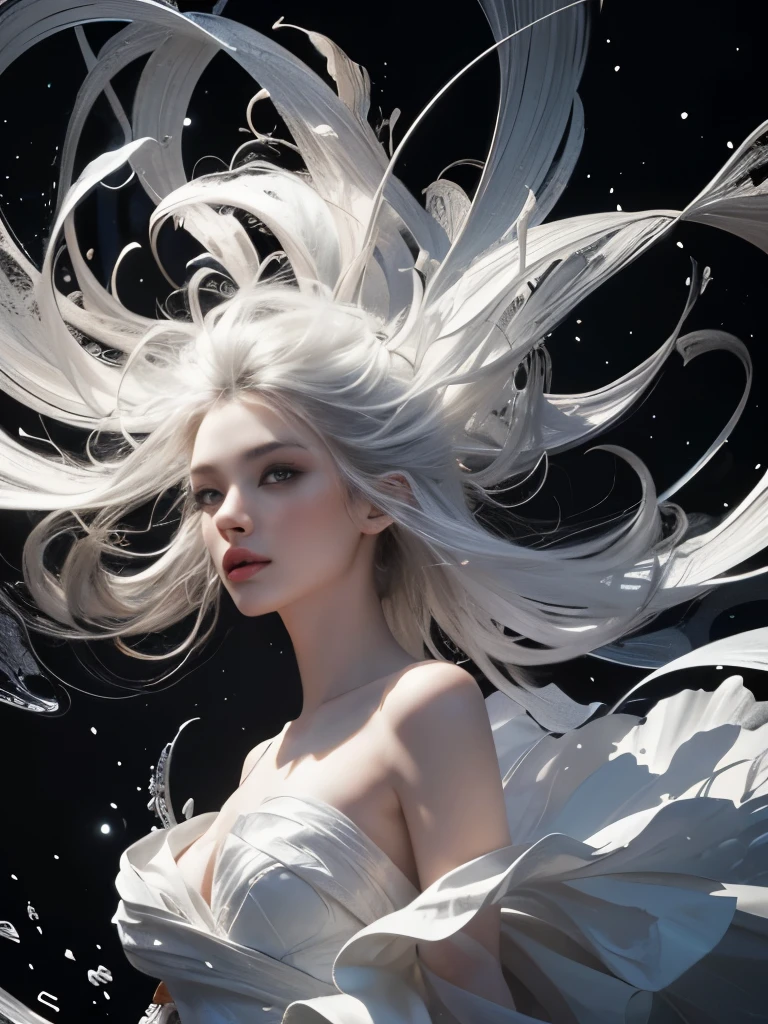 brand collection, fashion brand theme, highly detailed, beautiful, masterpiece, best quality, Geometric style abstract beauty,1 girl,, approaching perfection, digital painting, artstation, concept art, illustration, white and black colors, swirling patterns, abstract forms, surreal, Scattered geometry,
white petals, complicated background