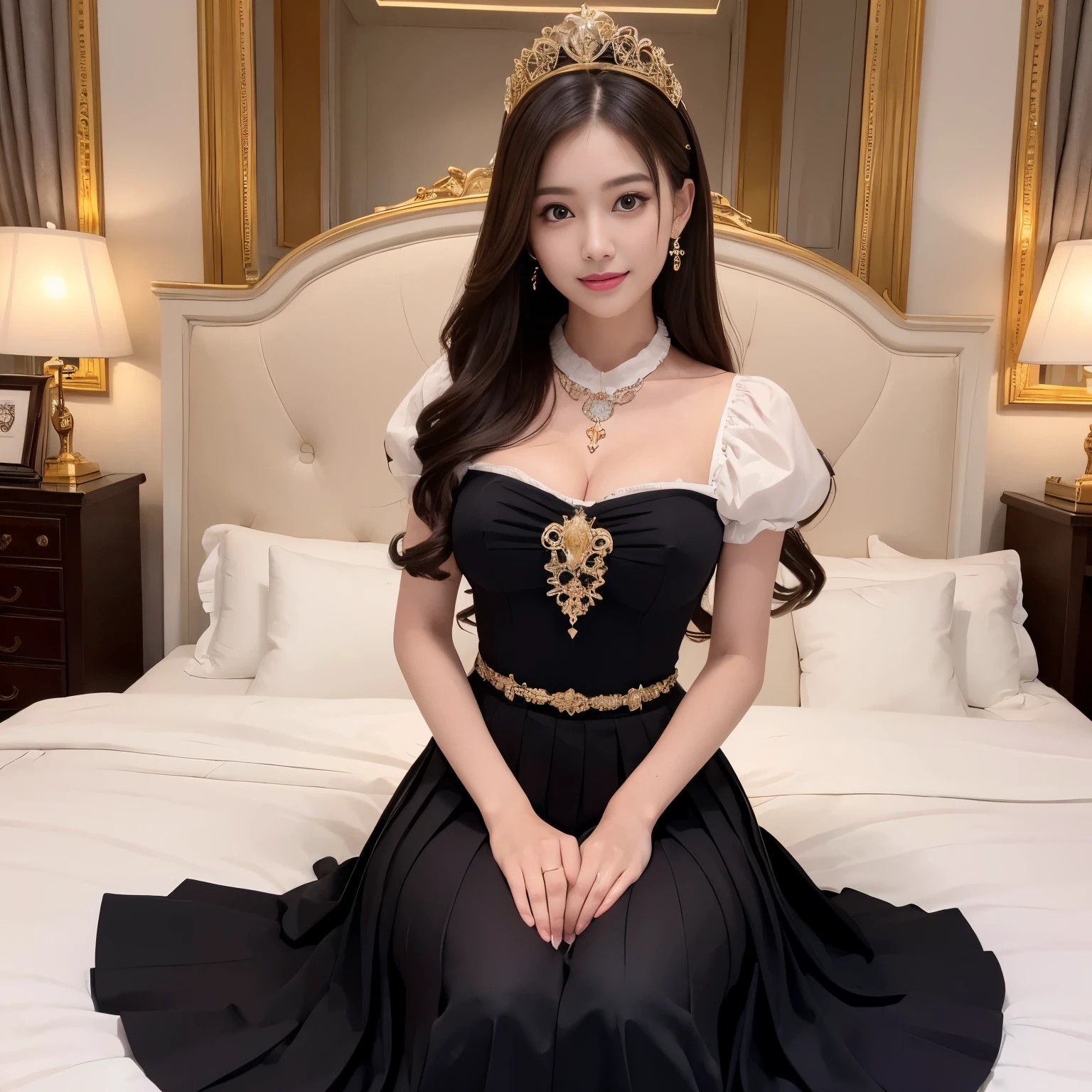 (highest quality、masterpiece、Highest image quality、Award-winning work、8K resolution、professional photography)、Amazingly cute high school princess、The most luxurious and highest quality giant tiara、The most luxurious and highest quality giant necklace、accurate anatomy、The most luxurious royal expensive VIP rooms、The most gorgeous and dazzling white and gold princess room、Sitting on a huge, luxuriously decorated bed、The most classy and beautiful huge luxury bed、(A huge bed that fills the screen:1.1)、Complete interior of luxury royal bedroom、All are gorgeous backgrounds、luxuriously decorated bed、large room、Luxury beyond imagination、inside the royal palace, The most luxurious room decorated with many ornaments、ornate decoration、golden decoration、luxury decoration、very elegant、The most classy princess high school uniform、classy uniform shirt、Elegant pleated skirt for uniform、Uniform ribbons、big and full breasts、the biggest smile looking at me、detailed face、full body photo、open crotch、glowing skin、dark lipstick、Dindal effect、dark studio、Moody and romantic lighting、Shiny super high detail skin、The most exclusive and classy lighting