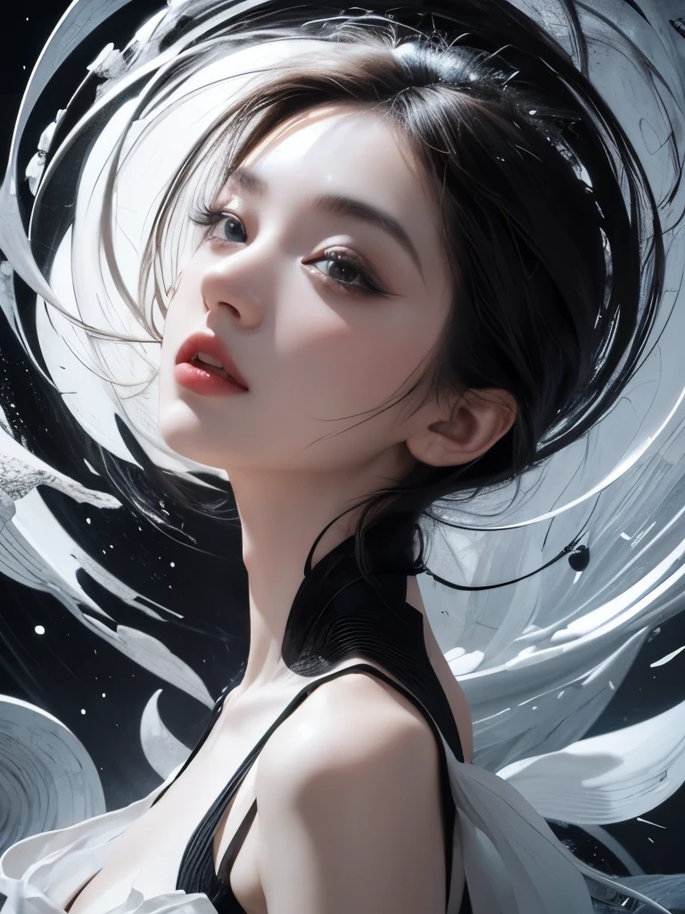 brand collection, fashion brand theme, highly detailed, beautiful, masterpiece, best quality, Geometric style abstract beauty,1 girl,, approaching perfection, digital painting, artstation, concept art, illustration, white and black colors, swirling patterns, abstract forms, surreal, Scattered geometry,
white petals, complicated background