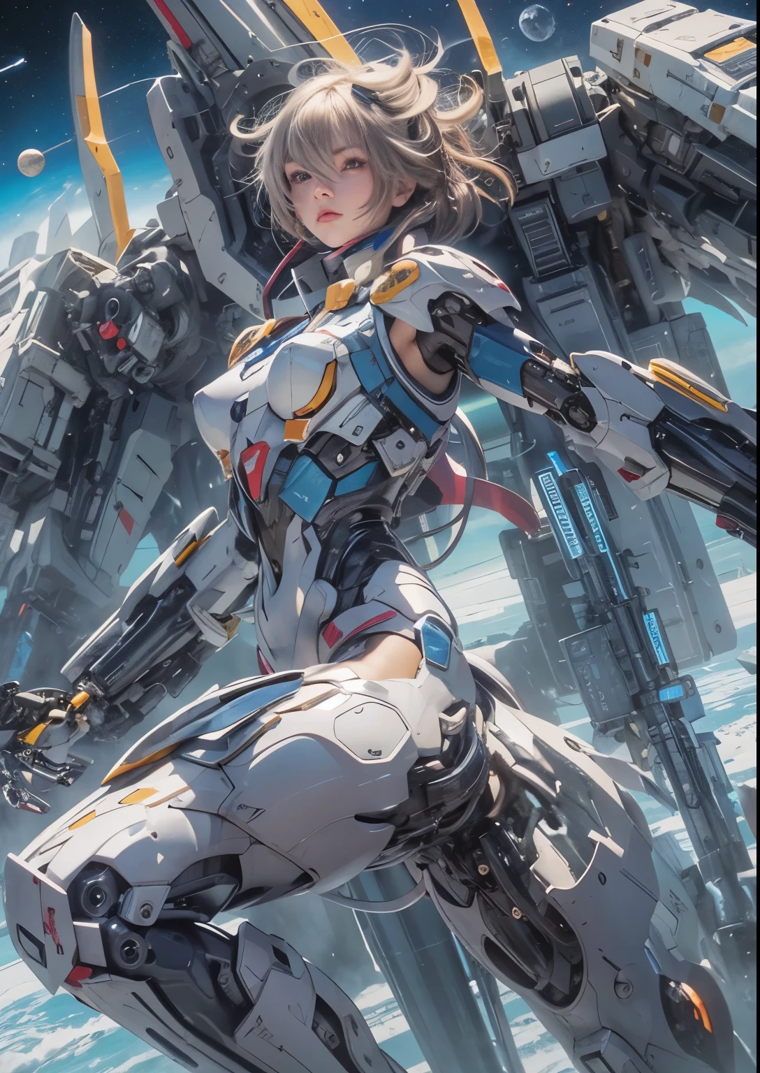 gundam wing zero fighting an evil gumdan, a cute girl watching in horror, the earth in the back ground, epic realisic photo of war