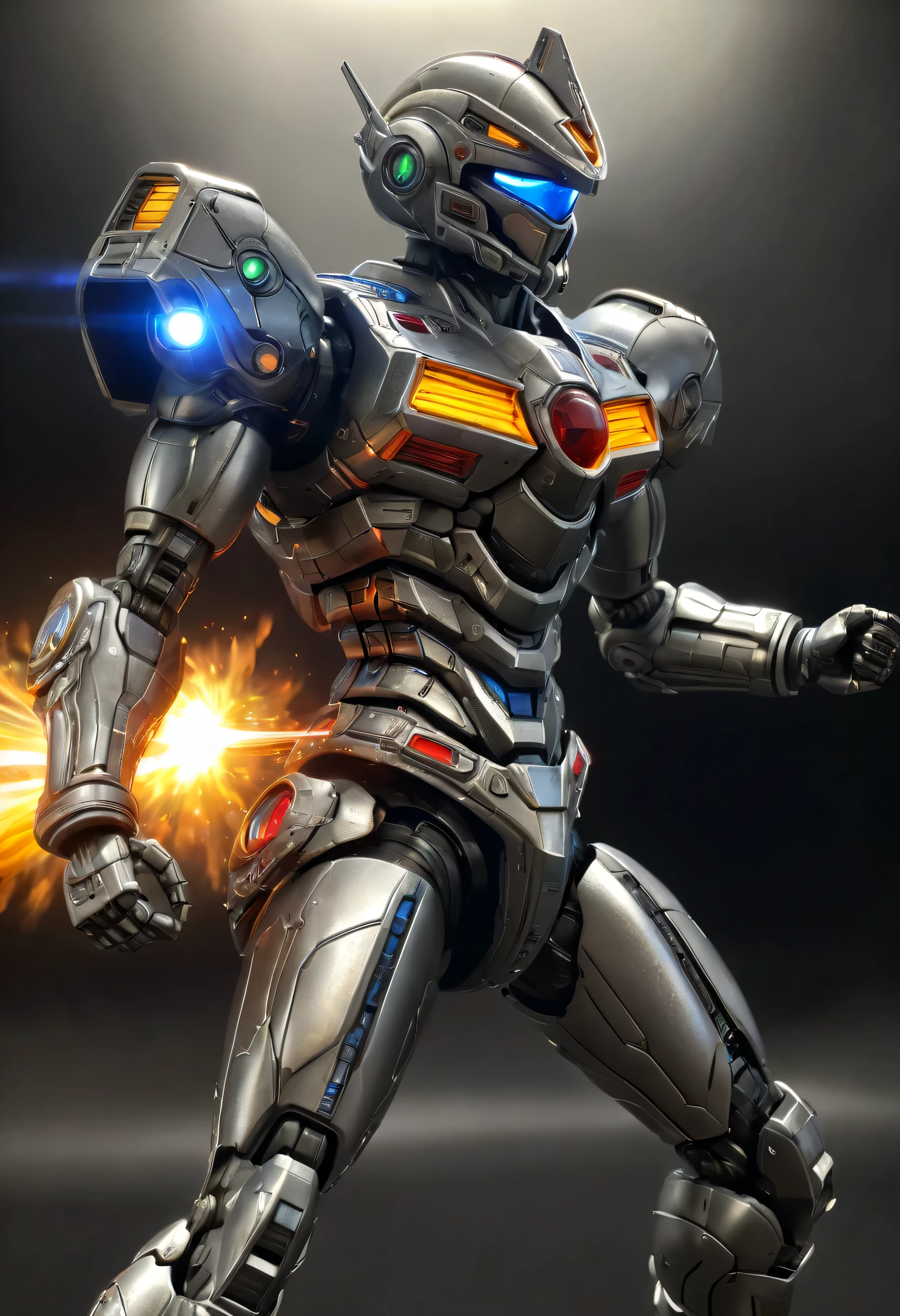 (best quality,highres,realistic:1.37),ultra-detailed,mecha warrior,space sheriff gavan,silver metallic armor,neon light eyes,futuristic weapon,action-packed scene,explosive energy,sci-fi background,laser beams,cosmic space,high-tech gadgets,mechanical joints,advanced technology,glowing power source,aggressive stance,vibrant colors,sharp focus,dynamic pose,reflective surfaces,intergalactic battle,dystopian setting,heroic aura,epic battle scene,otherworldly creatures,extraterrestrial landscapes,cybernetic enhancements,advanced weaponry,intense energy,galactic protector,majestic presence,cosmic justice,flaming trails,forcefield protection,heroic symbolism,supercharged abilities,iconic visor,defending the universe