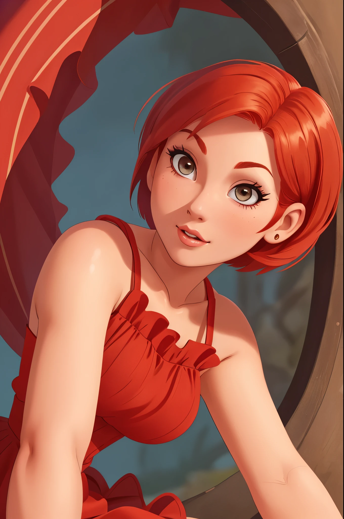 beautiful girl, close up,  face shot, woman, solo, sexy body, (cute:1.3), (([Hot red hair], [pixie bob], [crinoline])), realistic, (cute), (detailed face), detailed eyes, detailed iris, cameltoe,,