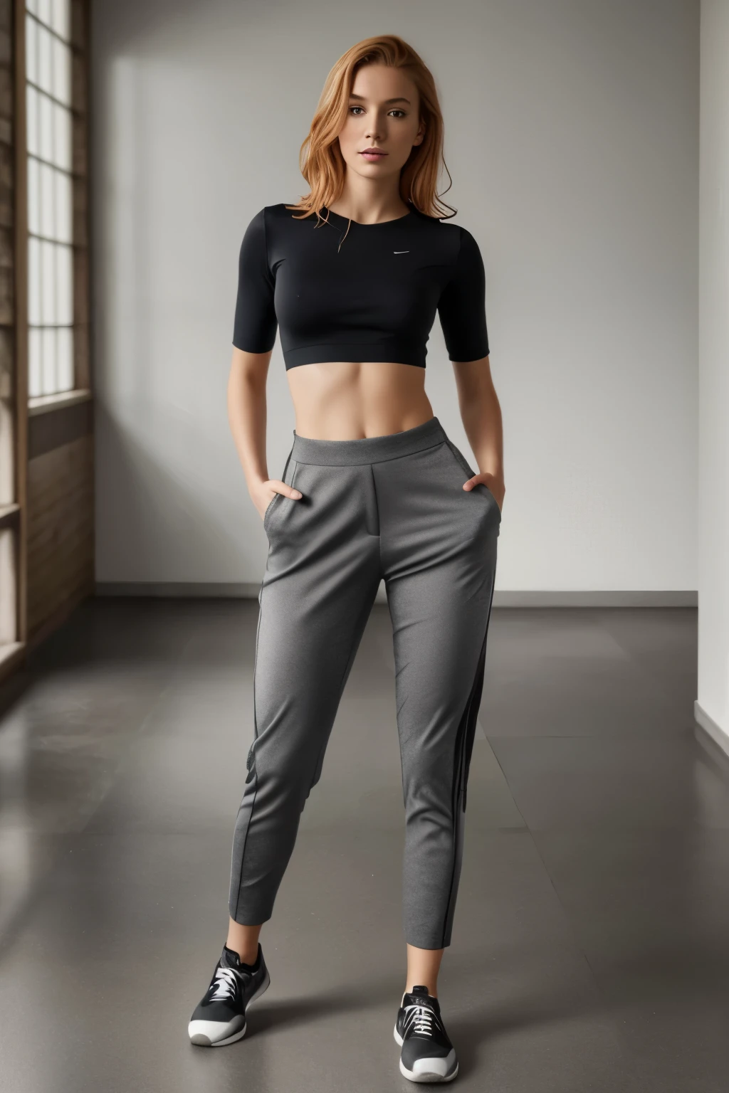 1 fille dans, 19 ans, Seulement, Oeuvre esthétique, rousse irlandaise, cheveux roux ondulés, cheveux roux mi-longs, yeux gris, yeux gris clair, quelques petites taches de rousseur, peau pâle, Une tasse, petits seins, corps des coureurs, Texture de peau détaillée, assise sur un banc, salle de fitness, vestiaire, (fond d'écran 8K extrêmement détaillé), Éclairage doux, Haute qualité, grain de film, Mise au point nette du Fujifilm XT3, f5.6, 50mm, détail élevé, Netteté,(lumière naturelle), Crop top noir à manches longues, pantalon kaki vert clair, ceinture utilitaire marron, Déguisement possible de Kim, détails fous, Détails complexes, hyper détaillé
