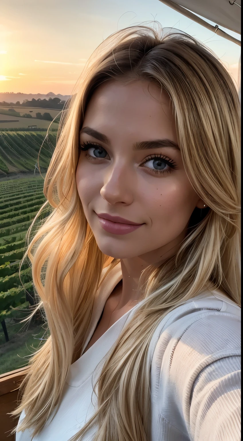 Blonde girl, looking like Margott robbie alike, long blonde hair, Big lips, small cute nose, Big eyes, fake eyelashes In Black, she is sitting on The blanket on the ground, kneeling on blanket on the ground, she is in a beautiful field,.m cloudy weather, beautiful girl, gray eyes, light gray eyes, further frame, long legs, 17 year old teenager, her face looks like margot robbie alike, she is provocative, tight transparent white straps dress, realistic looking photo, huge breasts, sexy pose, hands In her hair, hands up, smiling softly, slavic girl, square face shape, small nose, realistic photo, detailed photo, small nose, narrow nose, iPhone quality