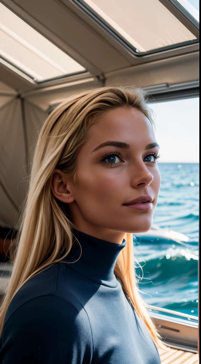 1 woman, American, beautiful, (selfie, happy), Shooting in a luxury yacht tent during a regatta, Sparkling sea and competing yachts backlight, Tent Open Sign, Masterpiece, Best Quality, Ultra-detailed, Solo, exteriors, open sea, racing yachts backdrop, Nature (adventurous spirit), cheerful, happy, Cosy in nautical-themed attire, Inside the tent, When you open the tent, views of the exhilarating race with sleek yachts cutting through the water, sea spray, competitive atmosphere, shadowy contrasts, dynamic skies, analog style, looking up at viewer, skin texture, film grain, warm hue, warm tone, close-up, Cinematic light, Sidelighting, ultra-Highres, best shadows, wearing a stylish pullover, Relaxed and intimate photos, with long blond hair.