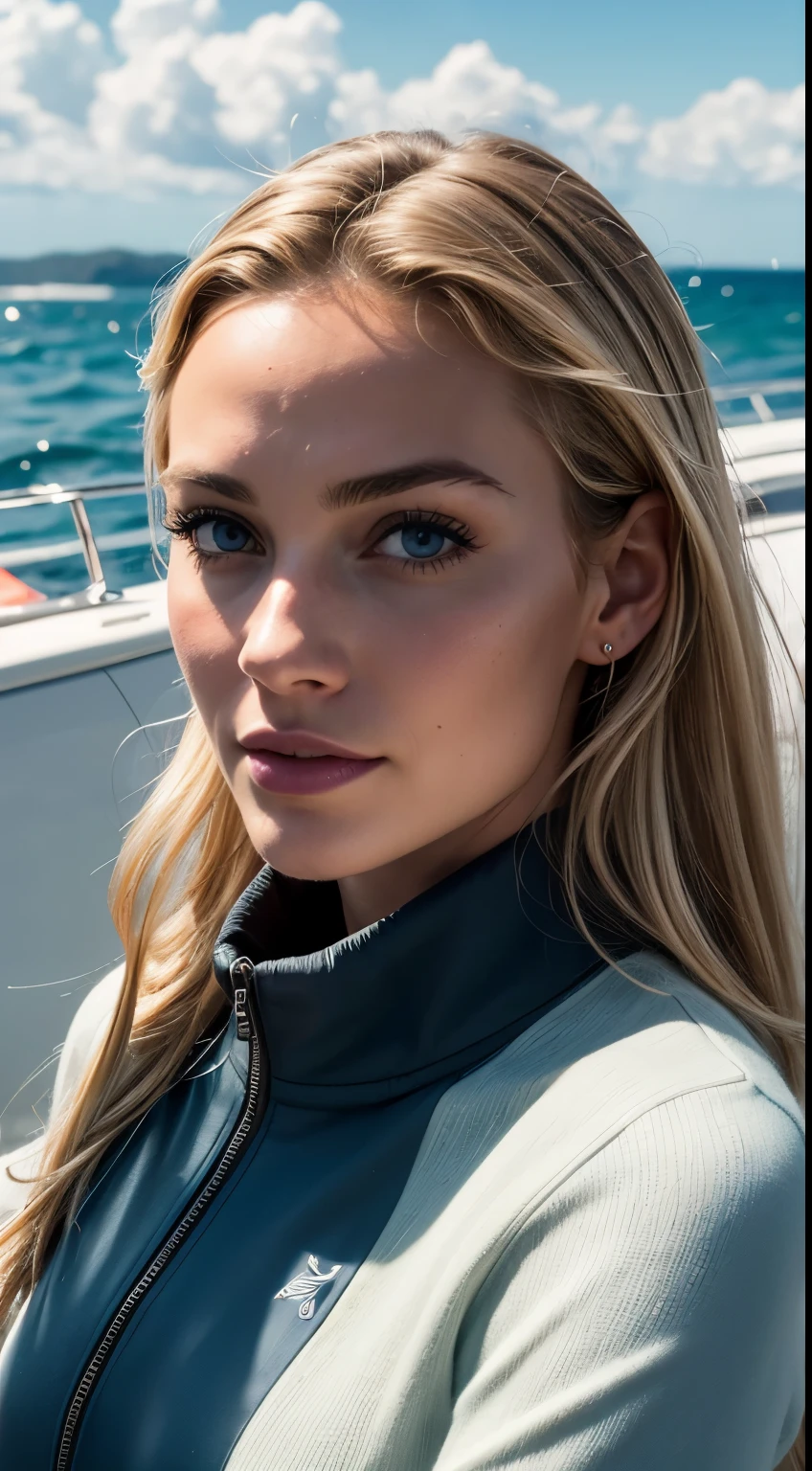 1 woman, American, beautiful, (selfie, happy), Shooting in a luxury yacht tent during a regatta, Sparkling sea and competing yachts backlight, Tent Open Sign, Masterpiece, Best Quality, Ultra-detailed, Solo, exteriors, open sea, racing yachts backdrop, Nature (adventurous spirit), cheerful, happy, Cosy in nautical-themed attire, Inside the tent, When you open the tent, views of the exhilarating race with sleek yachts cutting through the water, sea spray, competitive atmosphere, shadowy contrasts, dynamic skies, analog style, looking up at viewer, skin texture, film grain, warm hue, warm tone, close-up, Cinematic light, Sidelighting, ultra-Highres, best shadows, wearing a stylish pullover, Relaxed and intimate photos, with long blond hair.