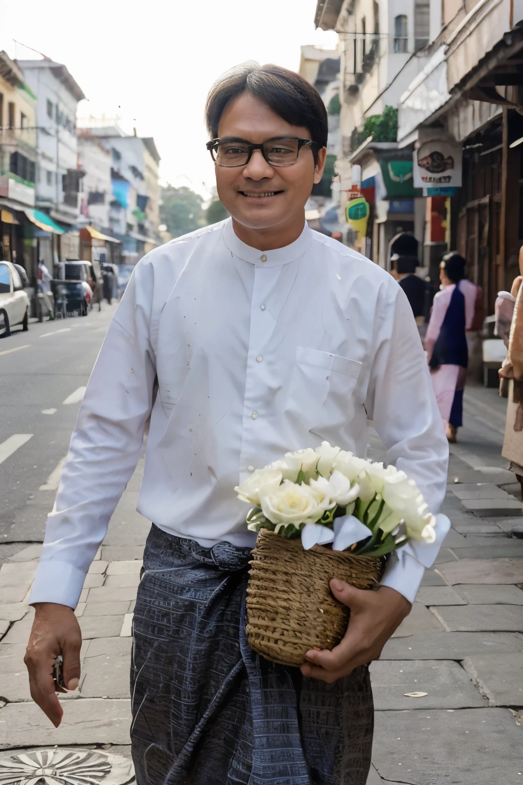 An old man with balding, gray hair and glasses is walking on a street. He is wearing a traditional longyi and a white shirt. He is carrying a basket of flowers on his head and selling them to passersby. He has a friendly and cheerful expression on his face. The street is in downtown Yangon, with colonial-era buildings, cars, and buses. The image has a lively and historic feel, with a contrast of old and new. --camera shots: Long Shot, --camera types: Sony Alpha 7 III, --lens types: 24 mm, --Aperture: f/8, --Zoom: 1x, --Focus: Auto, --Stabilization: On, --Focal length: 24 mm, --Macro: Off, --Teleconverter: Off, --Sensor: Full Frame, --ISO: 400, --Quality high: On, --Principal point: Center, --sharper focus: Off, --styles: Naturalism, --effects: none