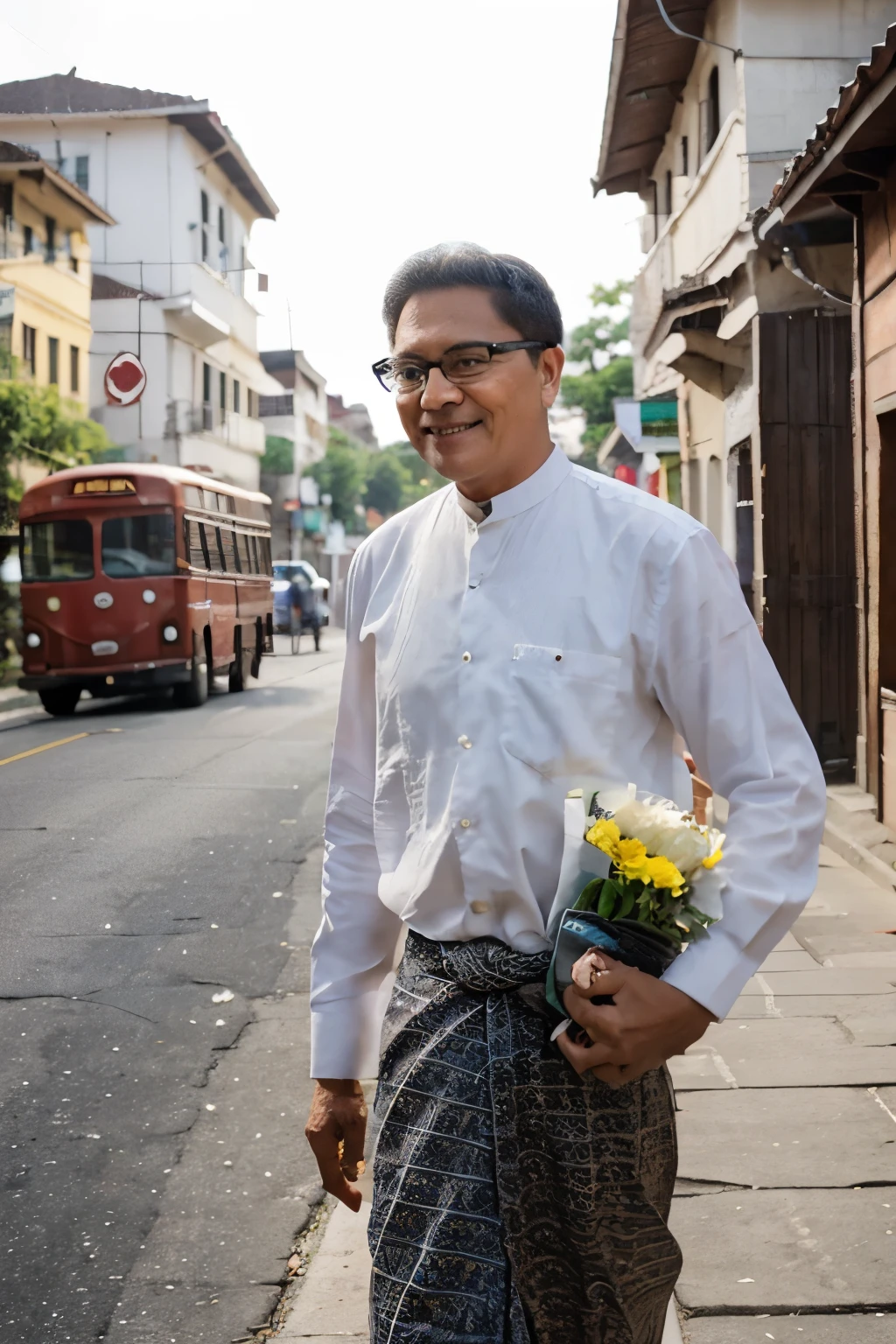 An old man with balding, gray hair and glasses is walking on a street. He is wearing a traditional longyi and a white shirt. He is carrying a basket of flowers on his head and selling them to passersby. He has a friendly and cheerful expression on his face. The street is in downtown Yangon, with colonial-era buildings, cars, and buses. The image has a lively and historic feel, with a contrast of old and new. --camera shots: Long Shot, --camera types: Sony Alpha 7 III, --lens types: 24 mm, --Aperture: f/8, --Zoom: 1x, --Focus: Auto, --Stabilization: On, --Focal length: 24 mm, --Macro: Off, --Teleconverter: Off, --Sensor: Full Frame, --ISO: 400, --Quality high: On, --Principal point: Center, --sharper focus: Off, --styles: Naturalism, --effects: none