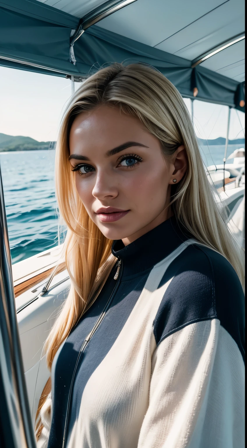 1 woman, American, beautiful, (selfie, happy), Shooting in a luxury yacht tent during a regatta, Sparkling sea and competing yachts backlight, Tent Open Sign, Masterpiece, Best Quality, Ultra-detailed, Solo, exteriors, open sea, racing yachts backdrop, Nature (adventurous spirit), cheerful, happy, Cosy in nautical-themed attire, Inside the tent, When you open the tent, views of the exhilarating race with sleek yachts cutting through the water, sea spray, competitive atmosphere, shadowy contrasts, dynamic skies, analog style, looking up at viewer, skin texture, film grain, warm hue, warm tone, close-up, Cinematic light, Sidelighting, ultra-Highres, best shadows, wearing a stylish pullover, Relaxed and intimate photos, with long blond hair.