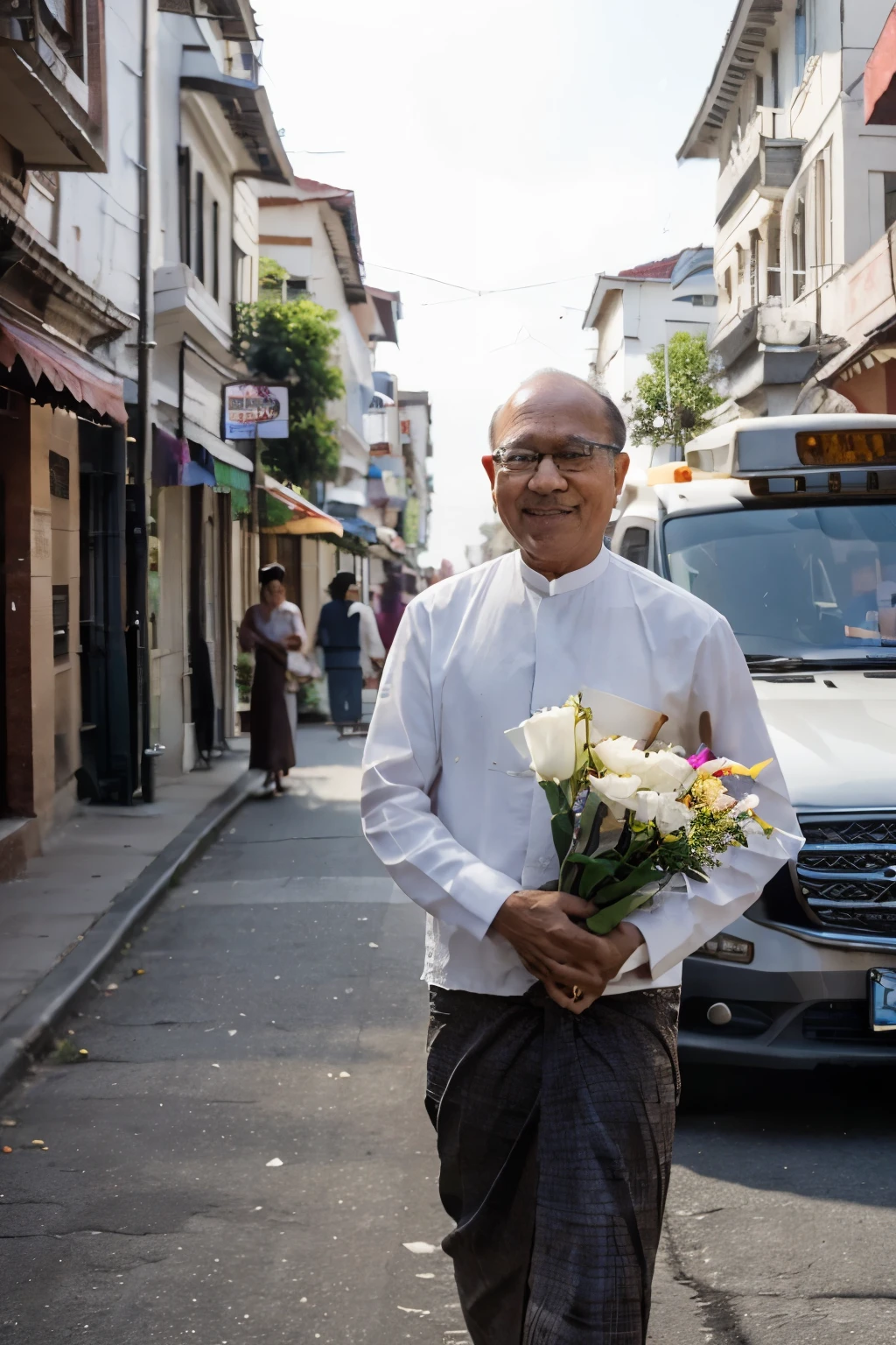 An old man with balding, gray hair and glasses is walking on a street. He is wearing a traditional longyi and a white shirt. He is carrying a basket of flowers on his head and selling them to passersby. He has a friendly and cheerful expression on his face. The street is in downtown Yangon, with colonial-era buildings, cars, and buses. The image has a lively and historic feel, with a contrast of old and new. --camera shots: Long Shot, --camera types: Sony Alpha 7 III, --lens types: 24 mm, --Aperture: f/8, --Zoom: 1x, --Focus: Auto, --Stabilization: On, --Focal length: 24 mm, --Macro: Off, --Teleconverter: Off, --Sensor: Full Frame, --ISO: 400, --Quality high: On, --Principal point: Center, --sharper focus: Off, --styles: Naturalism, --effects: none