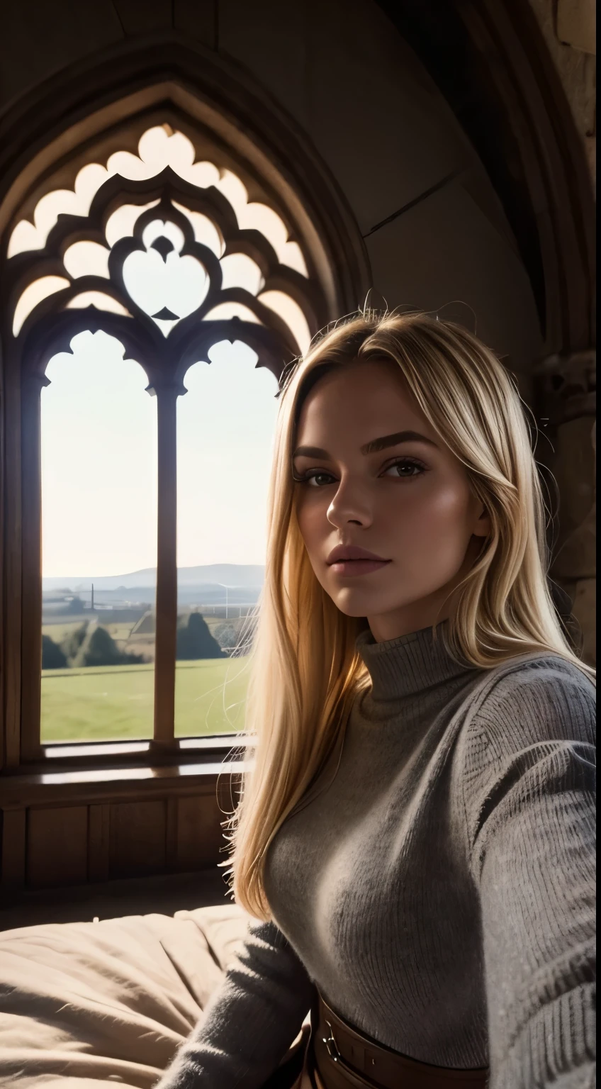 1 woman, American, beautiful, (selfie, happy), Shooting in a historic castle tent at twilight, Ancient stone walls and gothic arches backlight, Tent Open Sign, Masterpiece, Best Quality, Ultra-detailed, Solo, exteriors, majestic castle, historic ruins backdrop, Nature (timeless elegance), cheerful, happy, Cosy in a chic, modern outfit contrasting with the old-world charm, Inside the tent, When you open the tent, views of the castle's grandeur with soft twilight illuminating the ancient masonry, shadowy contrasts, a mysterious atmosphere, analog style, looking up at viewer, skin texture, film grain, warm hue, warm tone, close-up, Cinematic light, Sidelighting, ultra-Highres, best shadows, wearing an elegant pullover, Relaxed and intimate photos, with long blond hair.