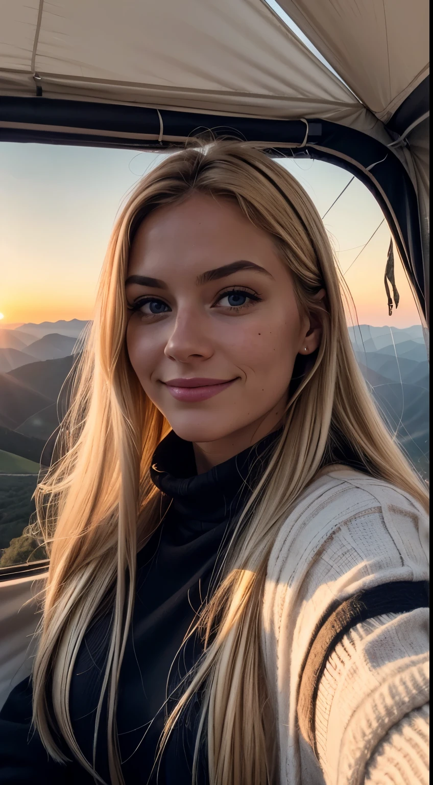 1 woman, American, beautiful, (selfie, happy), Shooting in a hot air balloon tent at sunrise, Expansive skies and the horizon backlight, Tent Open Sign, Masterpiece, Best Quality, Ultra-detailed, Solo, exteriors, aerial view of the landscape, sunrise hues backdrop, Nature (awe-inspiring heights), cheerful, happy, Cosy in adventure gear, Inside the tent, When you open the tent, panoramic views of the waking world below, mountains, fields, and rivers bathed in the morning light, shadowy contrasts, an exhilarating atmosphere, analog style, looking up at viewer, skin texture, film grain, warm hue, warm tone, close-up, Cinematic light, Sidelighting, ultra-Highres, best shadows, dressed in a comfy pullover, Relaxed and intimate photos, with long blond hair.