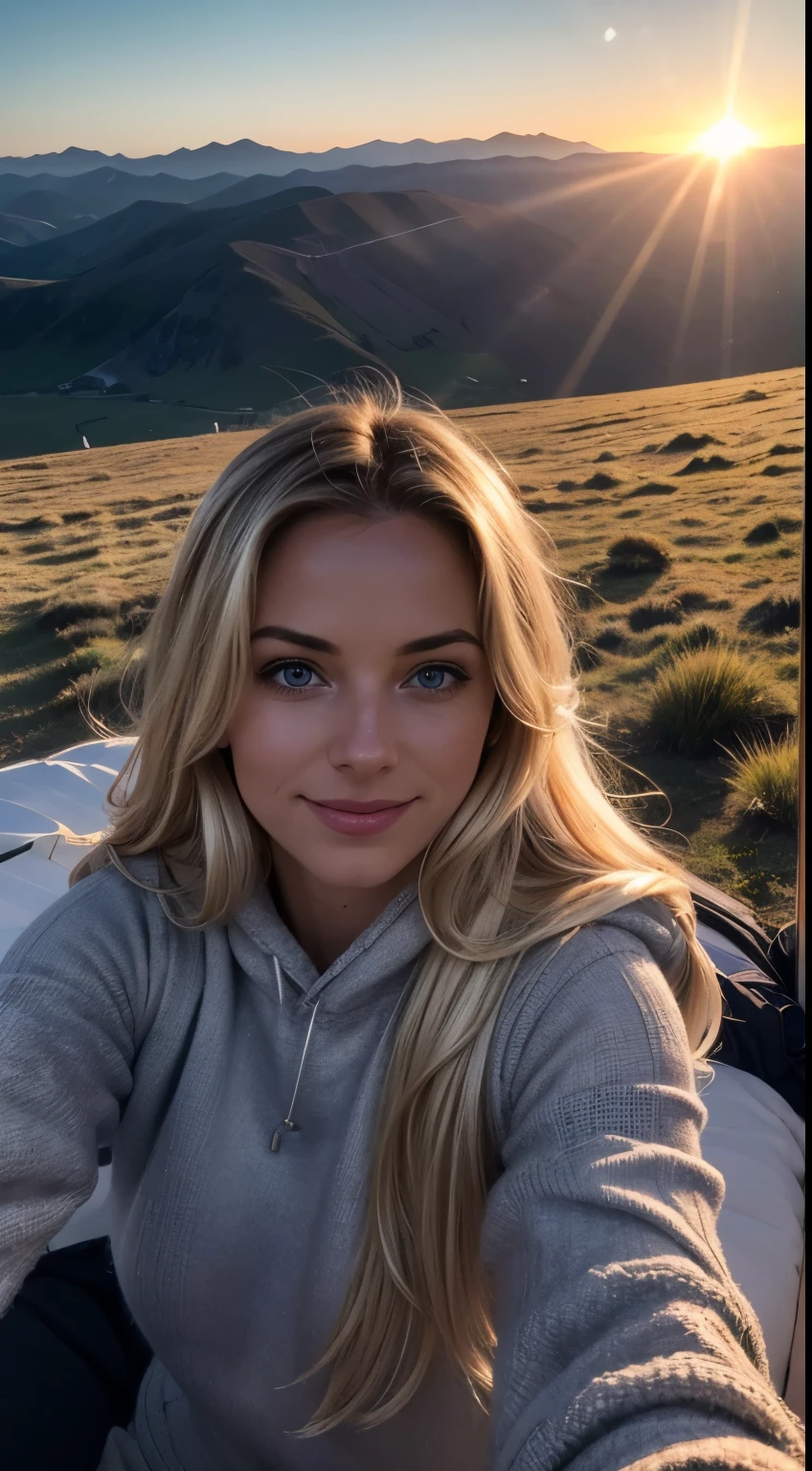 1 woman, American, beautiful, (selfie, happy), Shooting in a hot air balloon tent at sunrise, Expansive skies and the horizon backlight, Tent Open Sign, Masterpiece, Best Quality, Ultra-detailed, Solo, exteriors, aerial view of the landscape, sunrise hues backdrop, Nature (awe-inspiring heights), cheerful, happy, Cosy in adventure gear, Inside the tent, When you open the tent, panoramic views of the waking world below, mountains, fields, and rivers bathed in the morning light, shadowy contrasts, an exhilarating atmosphere, analog style, looking up at viewer, skin texture, film grain, warm hue, warm tone, close-up, Cinematic light, Sidelighting, ultra-Highres, best shadows, dressed in a comfy pullover, Relaxed and intimate photos, with long blond hair.