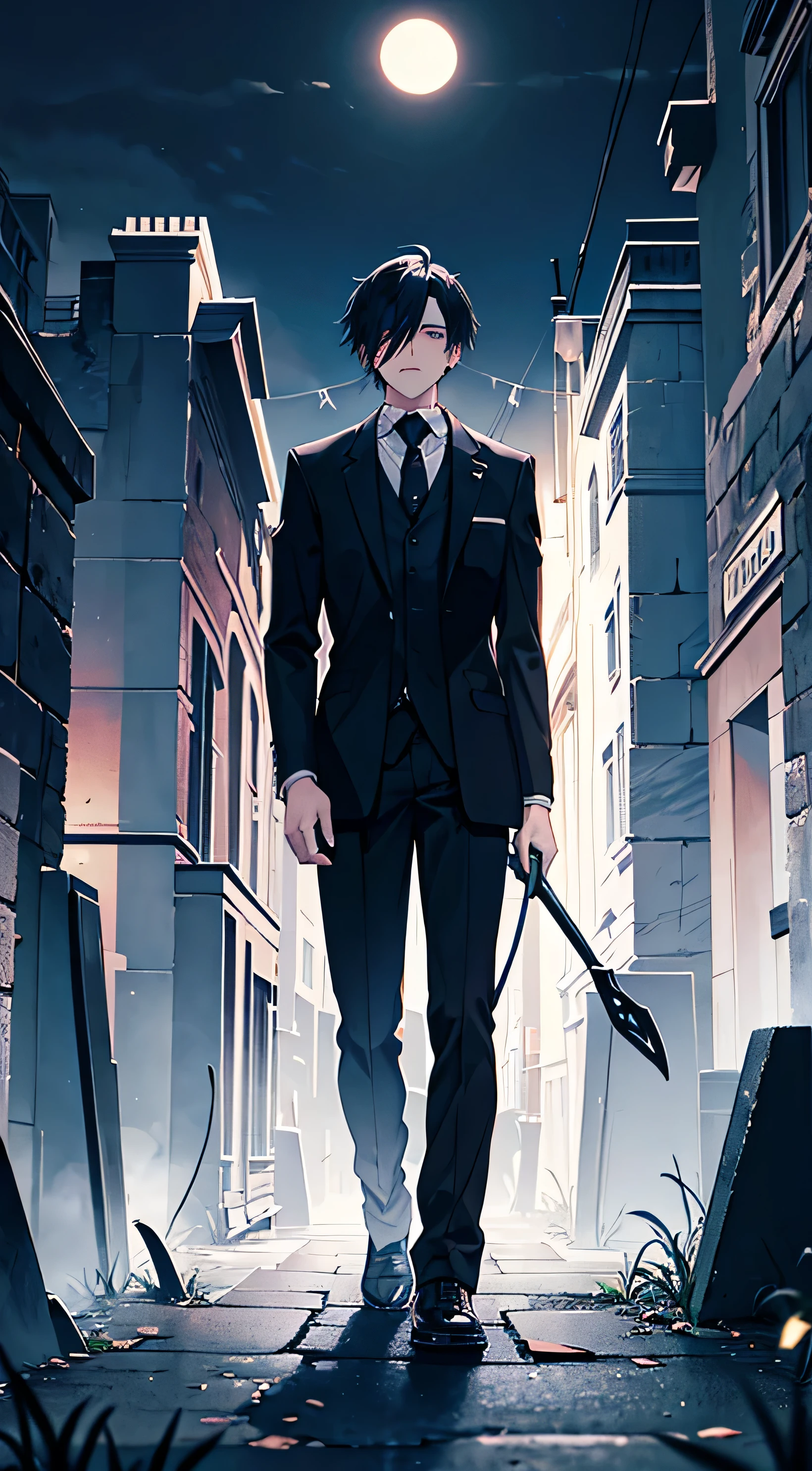 1 black haired male , in a graveyard , wearing a grim reaper costume, night time