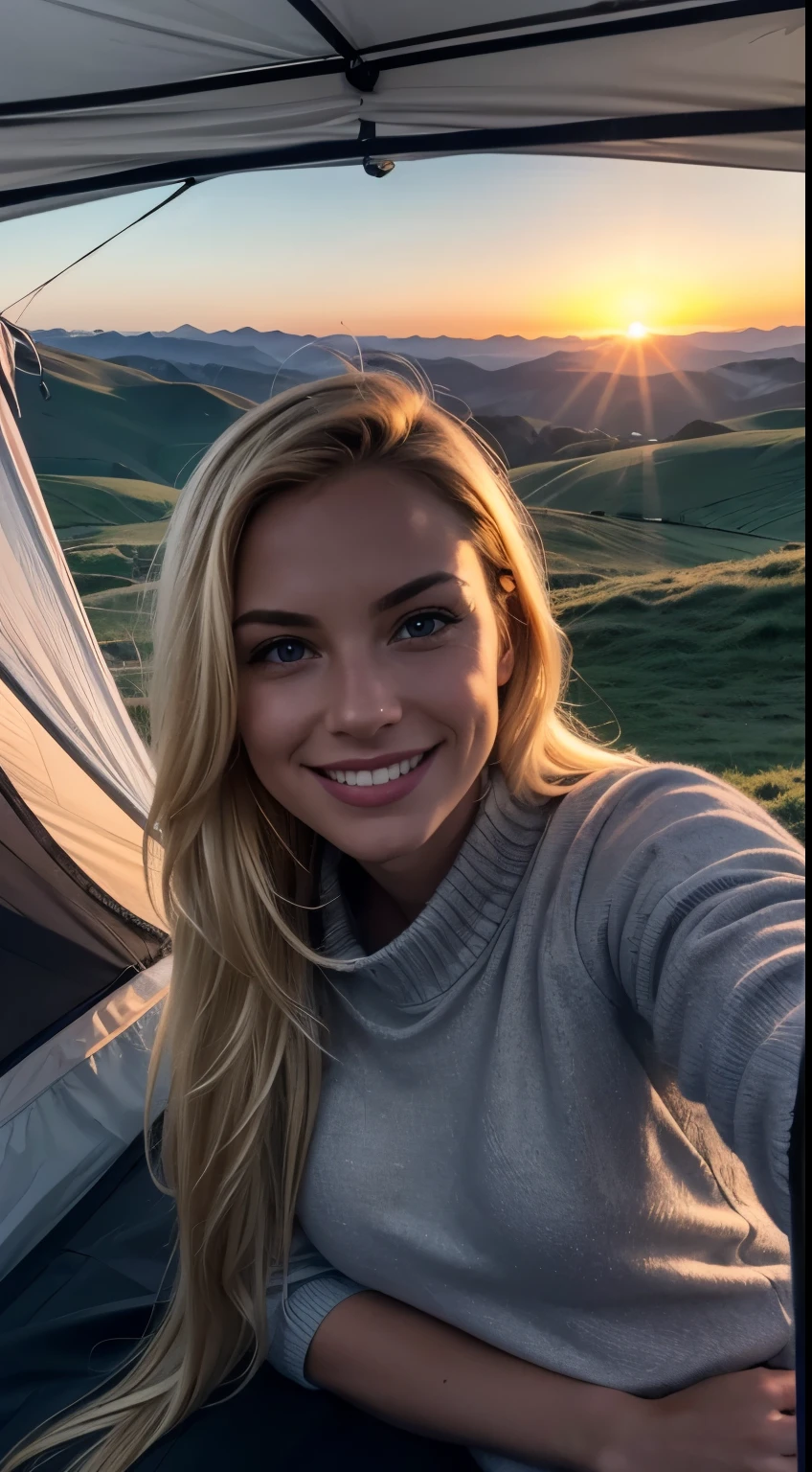1 woman, American, beautiful, (selfie, happy), Shooting in a hot air balloon tent at sunrise, Expansive skies and the horizon backlight, Tent Open Sign, Masterpiece, Best Quality, Ultra-detailed, Solo, exteriors, aerial view of the landscape, sunrise hues backdrop, Nature (awe-inspiring heights), cheerful, happy, Cosy in adventure gear, Inside the tent, When you open the tent, panoramic views of the waking world below, mountains, fields, and rivers bathed in the morning light, shadowy contrasts, an exhilarating atmosphere, analog style, looking up at viewer, skin texture, film grain, warm hue, warm tone, close-up, Cinematic light, Sidelighting, ultra-Highres, best shadows, dressed in a comfy pullover, Relaxed and intimate photos, with long blond hair.