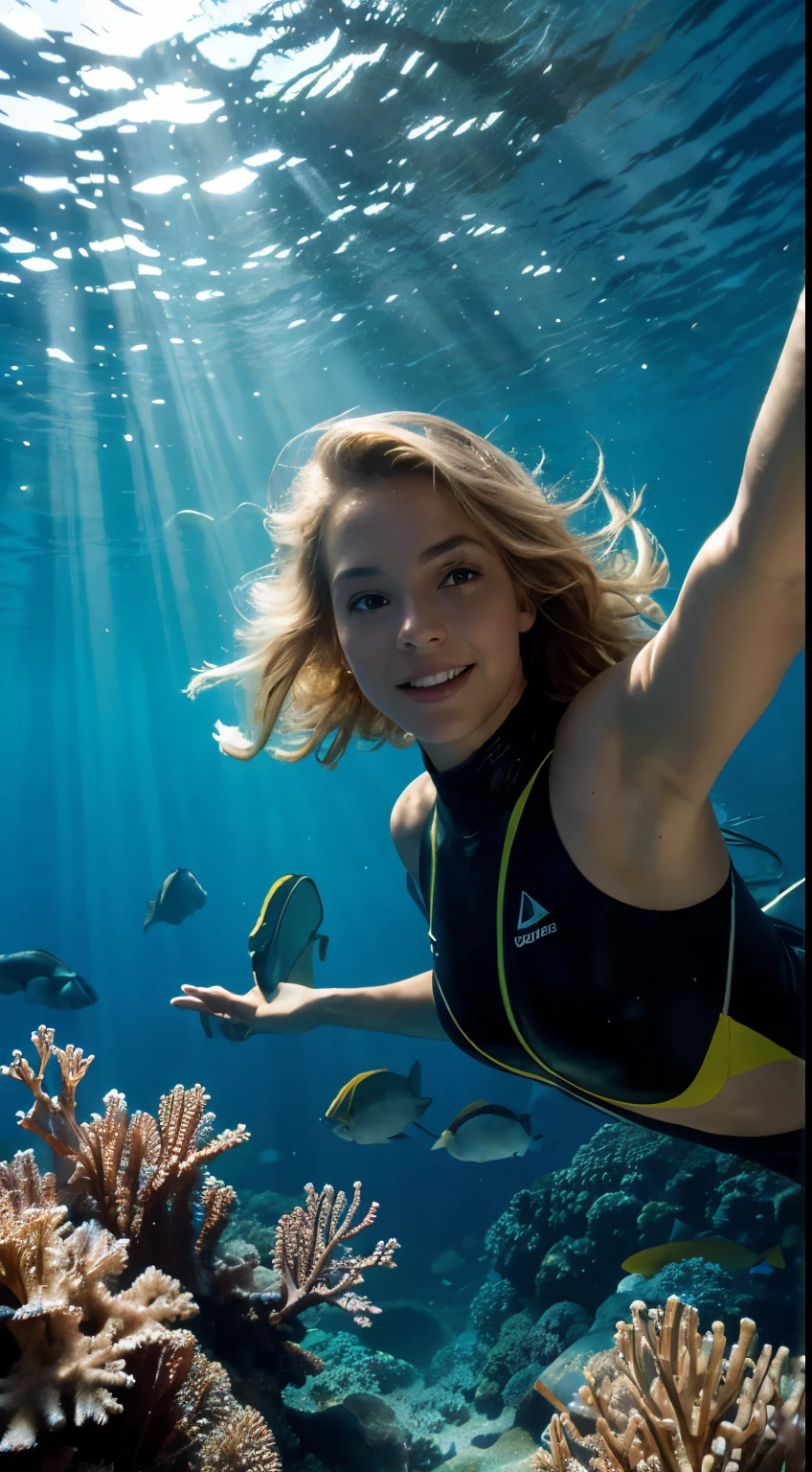 1 woman, American, beautiful, (selfie, happy), Shooting in an underwater tent near a coral reef, Vibrant coral and marine life backlight, Tent Open Sign, Masterpiece, Best Quality, Ultra-detailed, Solo, exteriors, underwater wonder, colorful reef backdrop, Nature (submerged beauty), cheerful, happy, Cosy in diving attire, Inside the tent, When you open the tent, views of the mesmerizing underwater world, teeming with fish, corals, and the play of light through the water, shadowy contrasts, a serene atmosphere, analog style, looking up at viewer, skin texture, film grain, warm hue, warm tone, close-up, Cinematic light, Sidelighting, ultra-Highres, best shadows, wearing a functional yet stylish dive suit, Relaxed and intimate photos, with long blond hair.