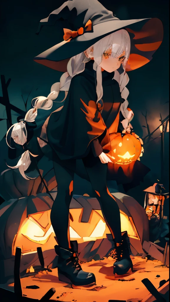 A Girl in long black sweater, in Witch hat for Halloween , holding Pumpkin with candle lit inside in both hands, Busy pumpkin patch and moonlit scene in the background of her, (white hair, large messy braided pigtails, orange streaks, messy hair), ((orange and black lose leggings, black goth boots)), high quality, detailed, detailed eyes