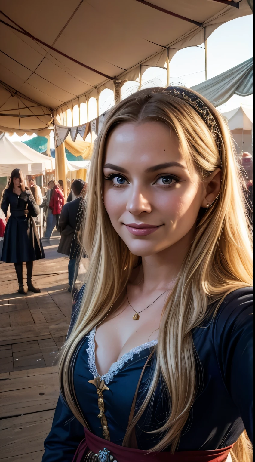 1 woman, American, beautiful, (selfie, happy), Shooting in a Renaissance fair tent during golden hour, Medieval tents and festive decorations backlight, Tent Open Sign, Masterpiece, Best Quality, Ultra-detailed, Solo, exteriors, historical fairgrounds, lively crowd backdrop, Nature (historical fantasy), cheerful, happy, Cosy in a Renaissance gown, Inside the tent, When you open the tent, views of the fair's bustling activity with jesters, knights, and artisans, shadowy contrasts, a vibrant atmosphere, analog style, looking up at viewer, skin texture, film grain, warm hue, warm tone, close-up, Cinematic light, Sidelighting, ultra-Highres, best shadows, adorned in period-appropriate attire, Relaxed and intimate photos, with long blond hair.