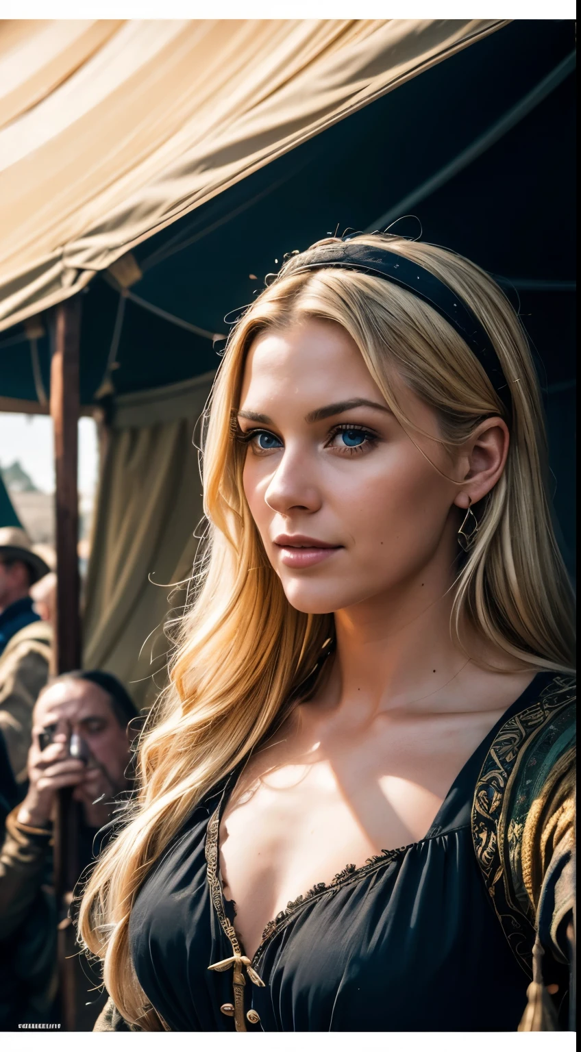 1 woman, American, beautiful, (selfie, happy), Shooting in a Renaissance fair tent during golden hour, Medieval tents and festive decorations backlight, Tent Open Sign, Masterpiece, Best Quality, Ultra-detailed, Solo, exteriors, historical fairgrounds, lively crowd backdrop, Nature (historical fantasy), cheerful, happy, Cosy in a Renaissance gown, Inside the tent, When you open the tent, views of the fair's bustling activity with jesters, knights, and artisans, shadowy contrasts, a vibrant atmosphere, analog style, looking up at viewer, skin texture, film grain, warm hue, warm tone, close-up, Cinematic light, Sidelighting, ultra-Highres, best shadows, adorned in period-appropriate attire, Relaxed and intimate photos, with long blond hair.