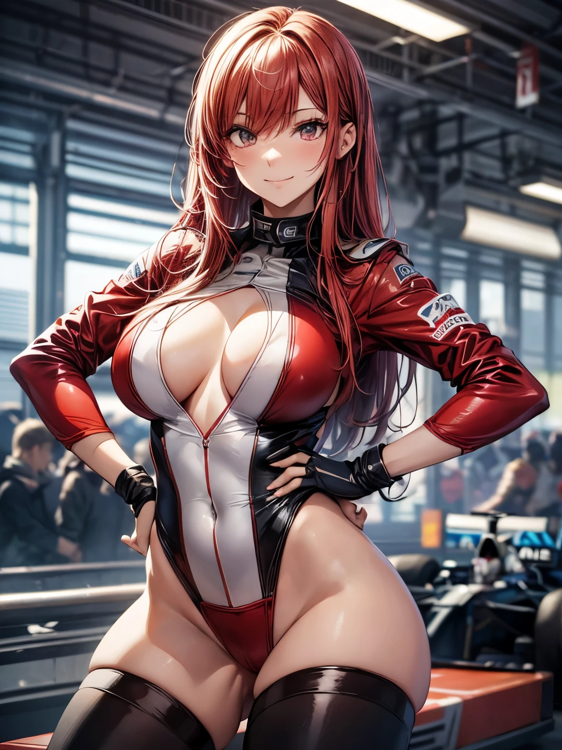 highest quality、All limbs、full finger、((one beautiful woman))、Beautiful busty woman、straight hair woman、Woman with red hair、big smile、Race Queen Costume、((A woman wearing a red leotard with a logo))、Exposing the belly、Red Arm Cover、A woman wearing long red boots、Formula 1、F1 Racing、racing car、、hands on hips