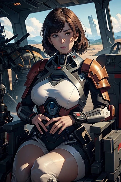 Woman sitting working on giant mecha outside the cockpit fighting in a futurewar ((best quality)), ((masterpiece)), (detailed), perfect face battletech in a armour battle suits on a future landscape alien planet