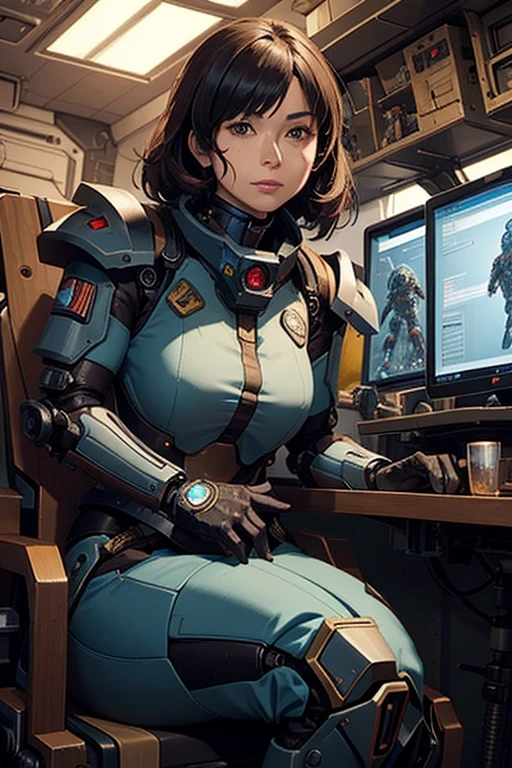 Woman sitting working on giant mecha outside the cockpit fighting in a futurewar ((best quality)), ((masterpiece)), (detailed), perfect face battletech in a armour battle suits on a future landscape alien planet