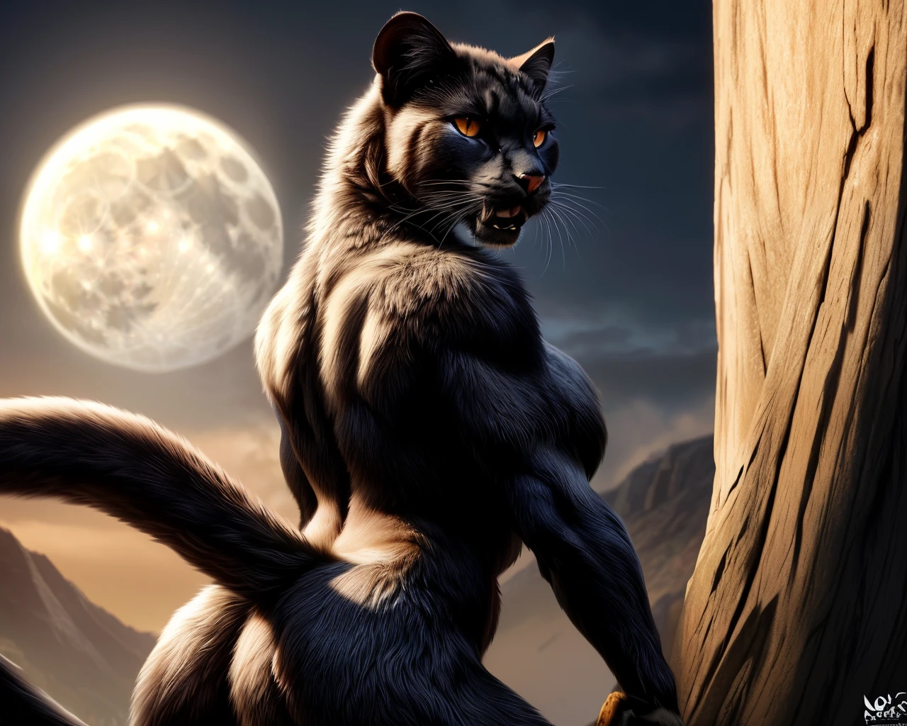 a cat with red eyes standing on a rock in front of a full moon, muscular werewolf, the smooth black lioness, furry fantasy art, the dark god of cats, beautiful hairy humanoids, anthropomorphic female cat, anthro cat, furry digital art, giant cat monster, an anthro cat, dramatic cinematic detailed fur, 4k fantasy art