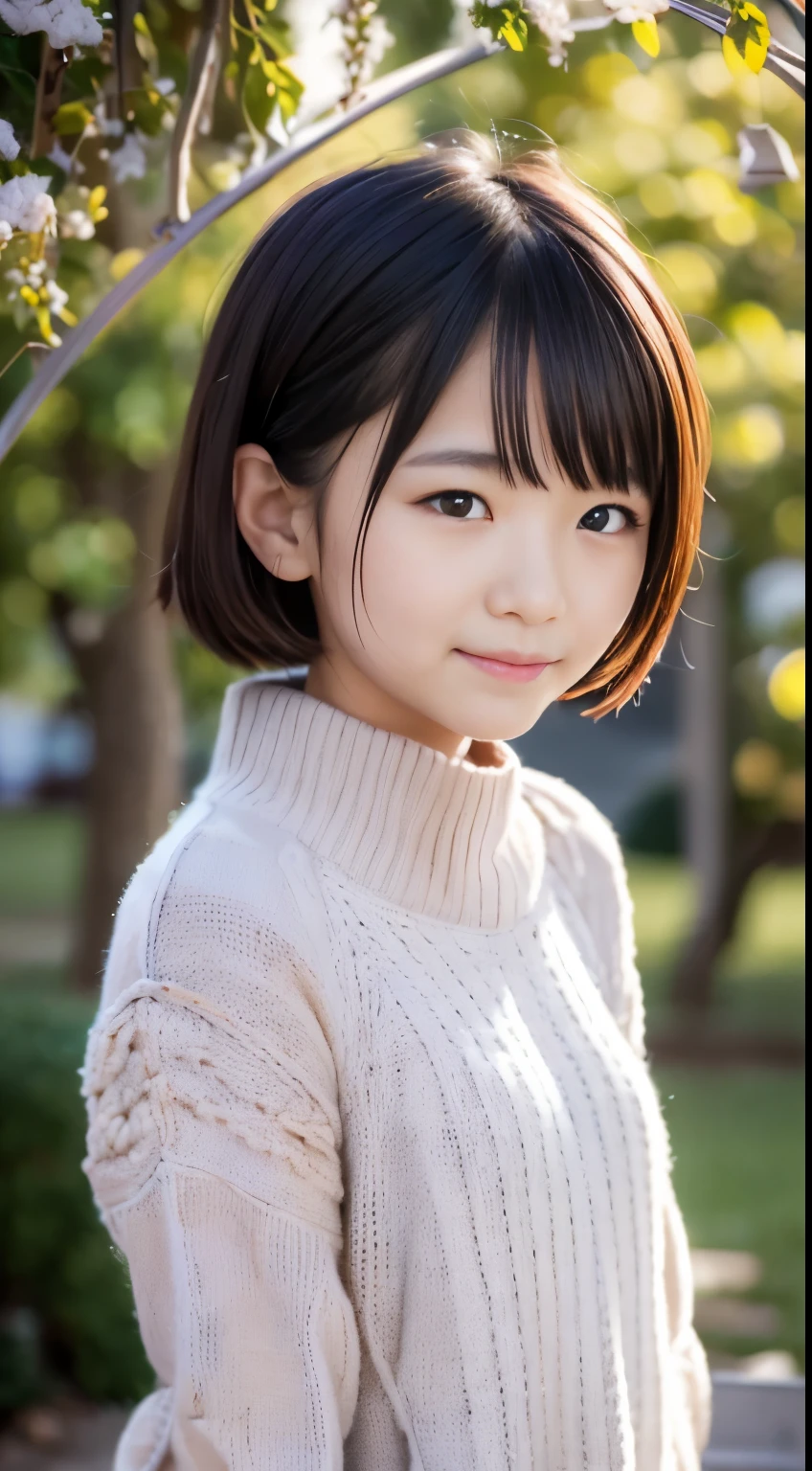 standing under the cherry tree, japanese girl, 15 years old, little, cute, (white oversized knitted sweater:1.3), snowing, pupils sparkling, brown short hair, depth of field, f/1.8, anatomically correct, textured skin, super detail, high details, high quality, super detail, high details, high quality, best quality, highres