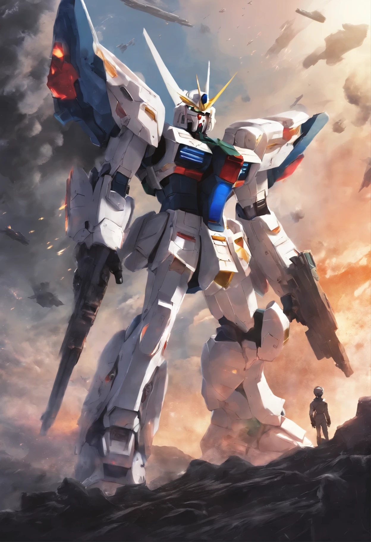 gundam wing zero fighting an evil gumdan, a cute girl watching in horror, the earth in the back ground, epic realisic photo of war