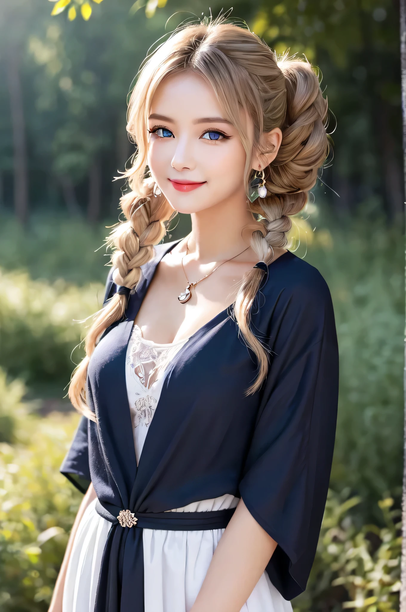 ((masterpiece)), ((highest quality)), (super detailed), ((cute)), cute, (Lovely), ((very detailed)), (fine eyes), (detailed facial features), (finger details), (Detailed clothing characteristics), 4K, (8K), (beautiful), figure, whole body, walk, forest, daytime, a cute girl, 1 girl, alone, ((Mage clothes:1.2)), (Mage Dress), flat chest, ((beautiful white hair)), (twin tails), beautiful blue eyes, ((beautiful eyes)), necklace, smile, blush, shiny