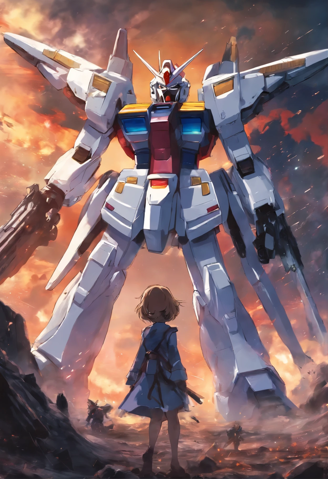 gundam wing zero fighting an evil gumdan, a cute girl watching in horror, the earth in the back ground, epic realisic photo of war