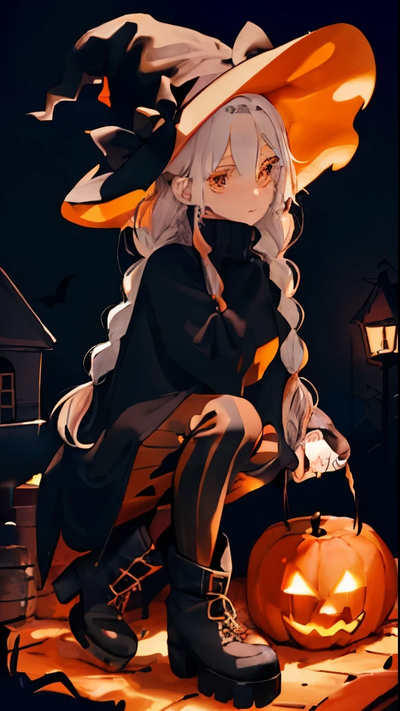 A Girl in long black sweater, in Witch hat for Halloween , holding Pumpkin with candle lit inside in both hands, Busy pumpkin patch and moonlit scene in the background of her, (white hair, large messy braided pigtails, orange streaks, messy hair), ((orange and black lose leggings, black goth boots)), high quality, detailed, detailed eyes