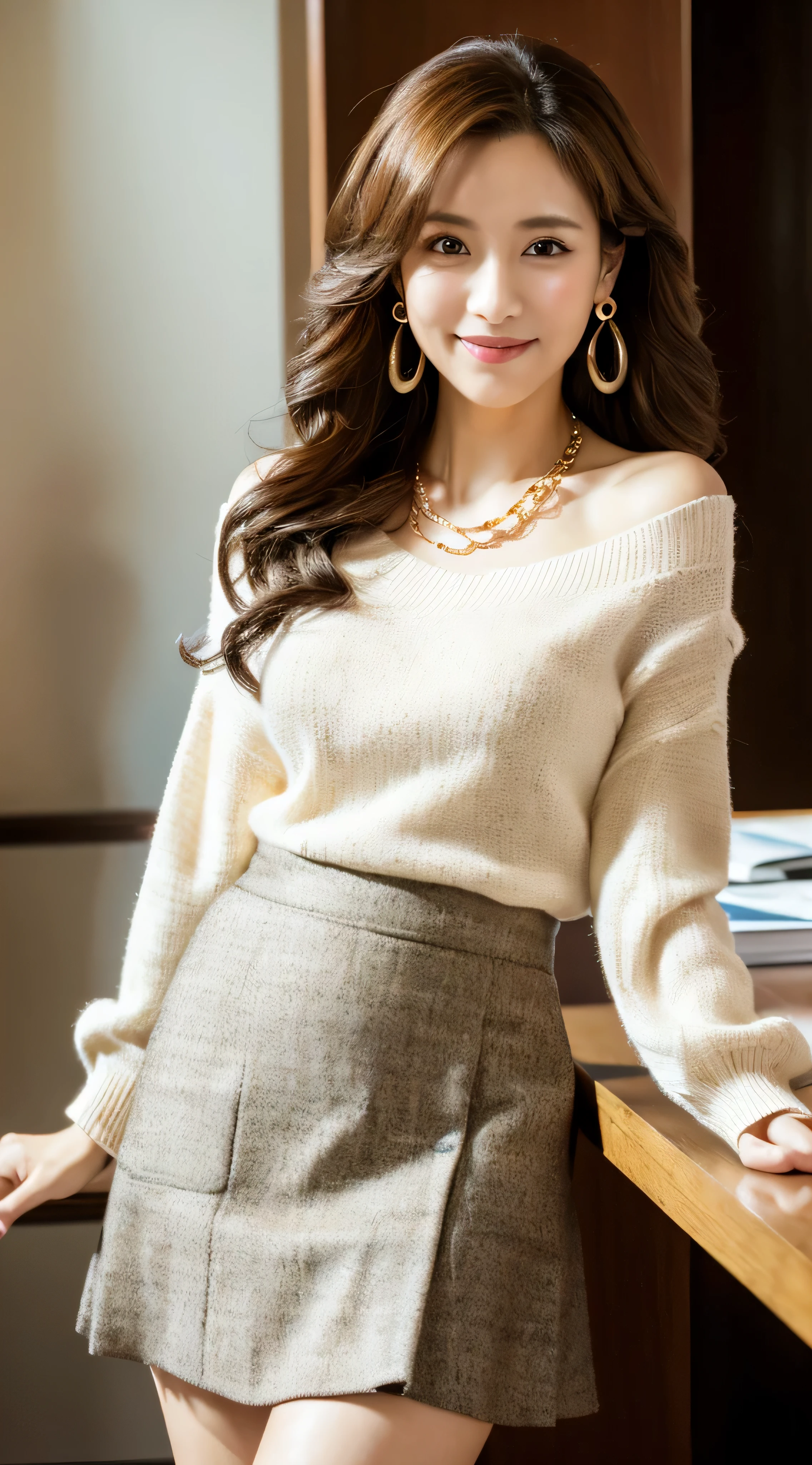 ulzzang -6500-v1.1, (Raw photo:1.2), (Photorealsitic), Beautiful detailed, (Real: 1.4), ighly detailedな目と顔, beatiful detailed eyes, Standing in the office、Standing cross-legged、huge filesize, hight resolution, ighly detailed, top-quality, [​masterpiece:1.6], illustratio, ighly detailed, nffsw, finely detail, top-quality, 8k wallpaper, Cinematographic lighting, 1 milf, 43 yeas old, perfect body type, cute droopy eyes beautiful big eyes、Pieckfinger, ((masutepiece)), Best Quality, 1 milf, eye shadow, Portrait, ((FULL BODYSHOT:1.4))、(Very affectionate smile:1.2)、((whole bodyshot_very long legs:1.4)),((Super long brown hair:1.4)),((loosely wavy hair:1.3))((gold necklace_big earrings:1.2))、((茶色のlong sleeveのブラウス_long sleeve_Collared_tweed mini skirt:1.4))