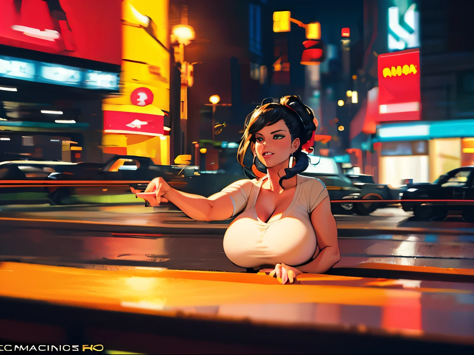 ((Best quality, 8K, Masterpiece: 1.4)),((Amazing detail: 1.3)),((illustration, Hairstyle Casual: 1.2)),((High resolution: 1.1)), (beautiful woman), (gigantic breasts:1.3), GTA, (sexy bimbo, large breasts), slendered abs, American comics,cyberpunk,city,neon light,midnight,cool,movie cover,punk,future style,poster style,thick,chiaroscuro, depth of field, cinematic lighting, motion blur, lens flarechiaroscuro, depth of field, cinematic lighting, motion blur,