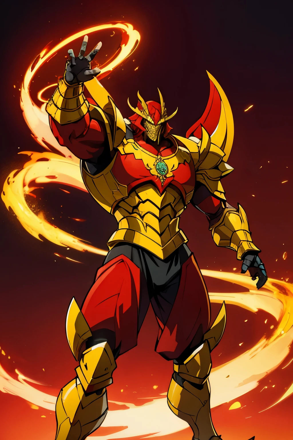 Dragon de piel roja enfurecido con cuerpo humanoide. musculoso y con armadura ligera de oro