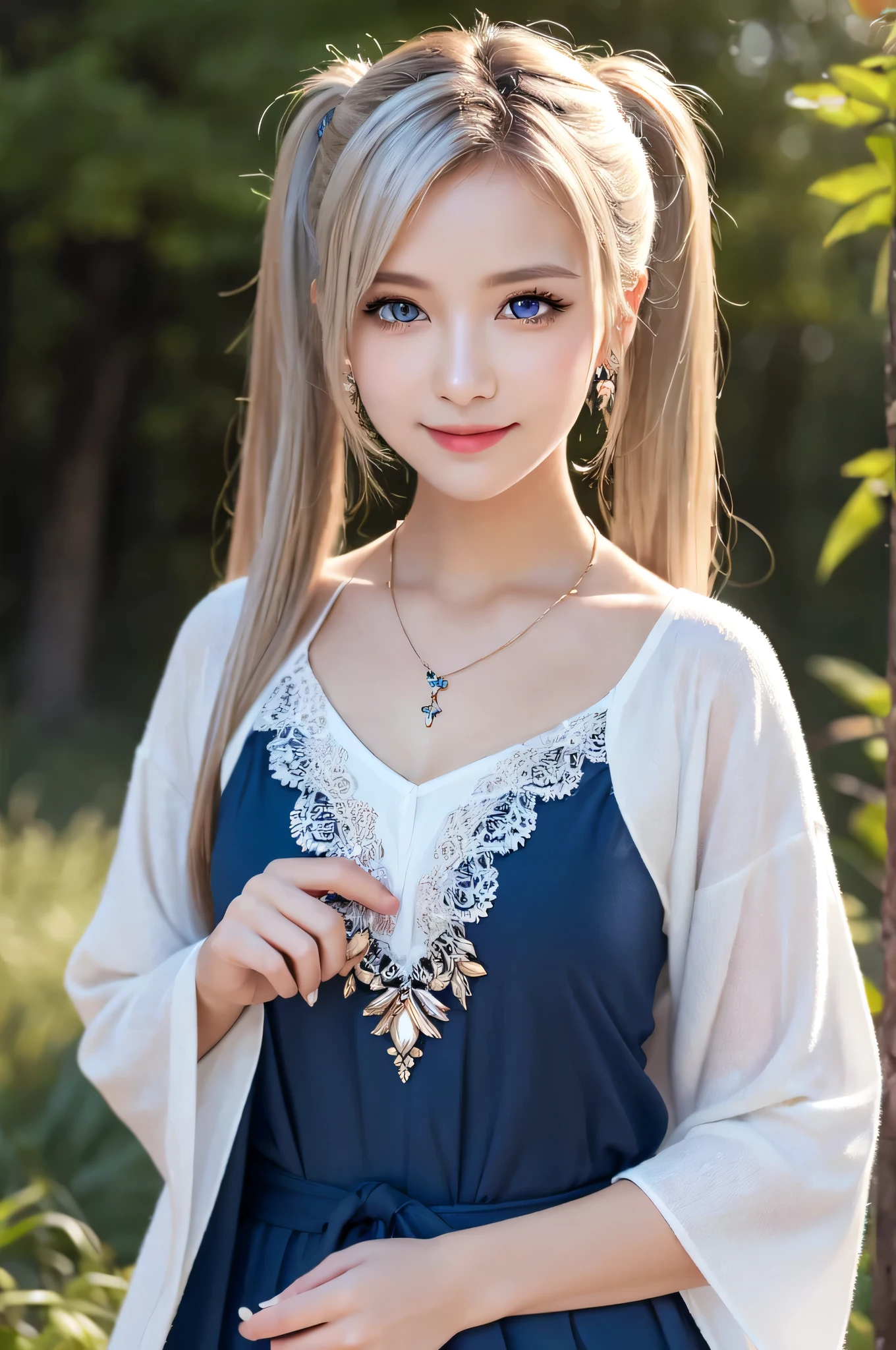 ((masterpiece)), ((highest quality)), (super detailed), ((cute)), cute, (Lovely), ((very detailed)), (fine eyes), (detailed facial features), (finger details), (Detailed clothing characteristics), 4K, (8K), (beautiful), figure, whole body, walk, forest, daytime, a cute girl, 1 girl, alone, ((Mage clothes:1.2)), (Mage Dress), flat chest, ((beautiful white hair)), (twin tails), beautiful blue eyes, ((beautiful eyes)), necklace, smile, blush, shiny