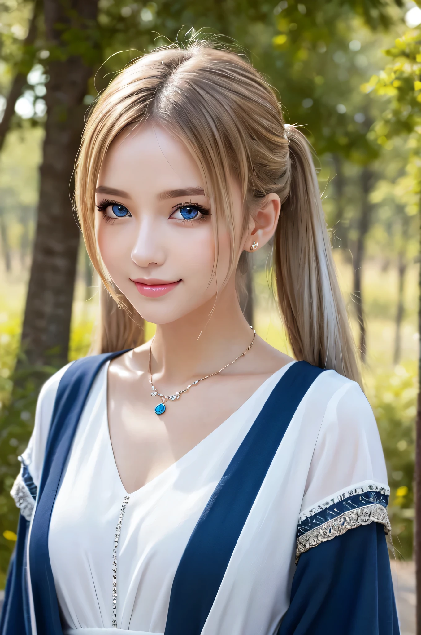 ((masterpiece)), ((highest quality)), (super detailed), ((cute)), cute, (Lovely), ((very detailed)), (fine eyes), (detailed facial features), (finger details), (Detailed clothing characteristics), 4K, (8K), (beautiful), figure, whole body, walk, forest, daytime, a cute girl, 1 girl, alone, ((Mage clothes:1.2)), (Mage Dress), flat chest, ((beautiful white hair)), (twin tails), beautiful blue eyes, ((beautiful eyes)), necklace, smile, blush, shiny