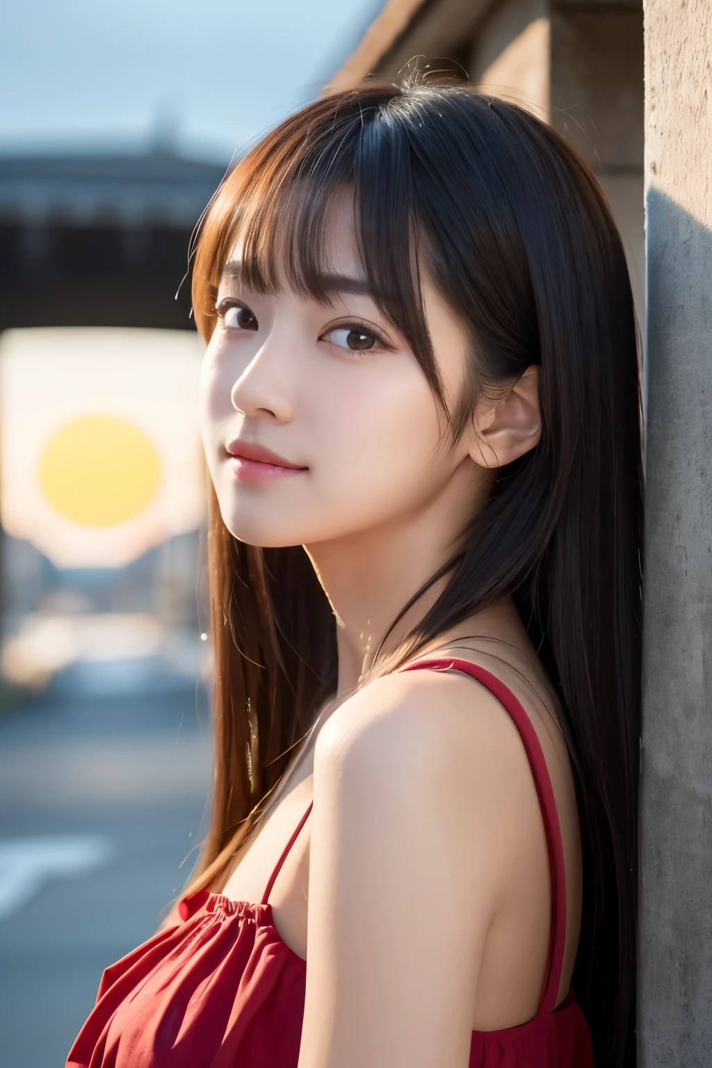 masterpiece, best image quality, high quality, beautiful girl, Japanese, Japanese school girl, popular korean makeup, big breasts, be familiar with, eye swelling, be familiar with eyes, be familiar with skin, beautiful skin, ultra High resolution, (reality: 1.4), so beautiful, A little young face, beautiful skin, thin, (超reality的な), (figure), (High resolution), (8K), (highly be familiar with), (best figure), (beautifully be familiar with eyes), (super be familiar with), (wallpaper), (be familiar with face), looking at the viewer, small details, be familiar with face, Pure erotic face ace_v1, smile, look straight ahead, look straight ahead, Angle from the waist up, realistic pictures, bright lighting, professional lighting, blonde, long hair, dark ruins, big red moon, gorgeous red and black dress, mature woman, long stylish bangs,Kiss Shot Acerola Orion Heart Under Blade