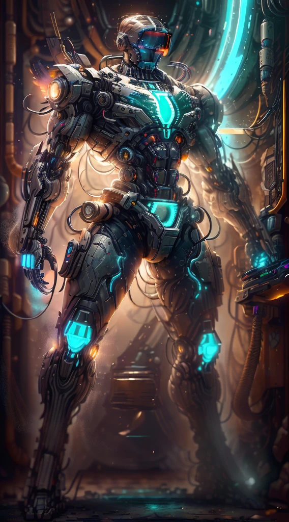 (Vision:1.8), (full-body shot:1.5), A cyborg male warrior with cybernetic enhancements stands on a futuristic battlefield,((Aim with a rifle))。His body is made of complex mechanical parts、Complex assembly of cables and gears,Symbolizing the fusion of man and machine。The environment is desolate、war-torn landscape,Shows the stark contrast between the remnants of Zeng Ming's world and the advanced technology that now dominates。The warrior's posture is focused and determined,Highlighting his readiness for battle。The details of his mechanical components are carefully designed,pistons、Wires and metal plates interlocking,formed into his awe-inspiring form。The scene is set at dusk,Cast a long shadow,Create a dramatic interplay of light and dark,Emphasizes the tension of the moment。This image captures the essence of the future warrior,Blending elements of science fiction with gritty realism ,(Eyes looking directly at the audience:1.5)