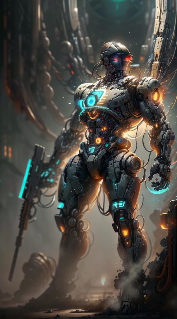 (Vision:1.8), (full-body shot:1.5), A cyborg male warrior with cybernetic enhancements stands on a futuristic battlefield,((Aim with a rifle))。His body is made of complex mechanical parts、Complex assembly of cables and gears,Symbolizing the fusion of man and machine。The environment is desolate、war-torn landscape,Shows the stark contrast between the remnants of Zeng Ming's world and the advanced technology that now dominates。The warrior's posture is focused and determined,Highlighting his readiness for battle。The details of his mechanical components are carefully designed,pistons、Wires and metal plates interlocking,formed into his awe-inspiring form。The scene is set at dusk,Cast a long shadow,Create a dramatic interplay of light and dark,Emphasizes the tension of the moment。This image captures the essence of the future warrior,Blending elements of science fiction with gritty realism ,(Eyes looking directly at the audience:1.5)