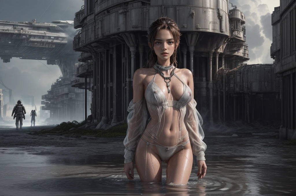 Ultra-realistic 16K CG, masterpiece, Best Composition, Photo quality, work of art, a lot of details, 8K, very detailed, one character, distant fantasy, cyberpunk, beautiful blonde 25 years old Woman, stands at attention, ((((lip filler__)), a white wet sheet on my shoulders, natural nipples, Skinny body, (low percentage of body fat), skin texture, Beautiful long legs, hyper-detailed, crazy details, wet, sweaty body, skin texture, high detail, a high resolution, rain, see through, nipples sticking out, Wet hair, There are no panties, There is no bra, on the roof, Moss on the walls, flowers, flood, Fully naked, Vagina open, there are no ropes on the vagina, Naked, Hands behind your back, Sad face, fear, Shibari, Hands Tied, ropes on hands, ropes on elbows, there are no ropes on my legs, There are no hands in sight, elbows behind your back, Arms bent at elbows, against the backdrop of a beautiful futuristic fantasy city in the style of Coruscant from Star Wars by John Lucas, war, there is a battle going on, the city is attacked by sky dreadnoughts, fire from the sky, Explosions, buildings are burning, rays from tracer shells in the sky, a downed dreadnought is burning in the background, debris, there is a battle going on, fog, Science fiction, Huge fantastic skyscrapers in the background, space elevator towers, очень high detail заднего фона, A lot of small details, A busy street, a lot of passers-by, the sky is gloomy from burning, molten metal flows into water, fuel burns in water., two soldiers escort a slave, neck collar with chain