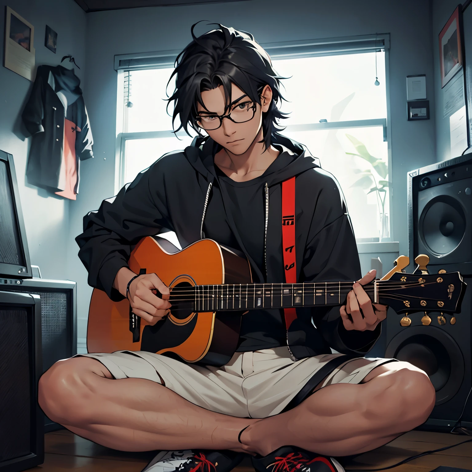 a computer nerd, sitting infront of desktop pc, playing guitar, wearing jacket with text 'Darren' with a little Indonesian flag at wall, realistic style