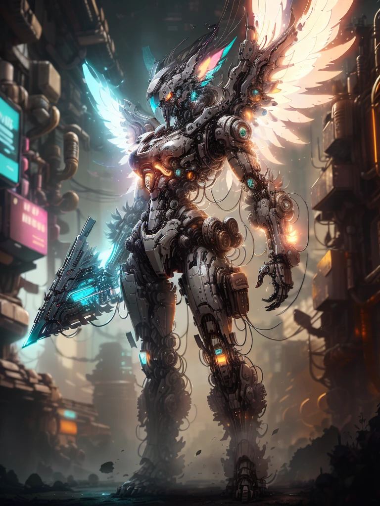 Angels in Digimon photography, biology, ((Complex mechanical warrior)), four golden wings, grow fully, surreal, Crazy little details, The lines are very clean, cyberpunk aesthetics, A masterpiece on Zbrush Central, Cyberpunk city setting